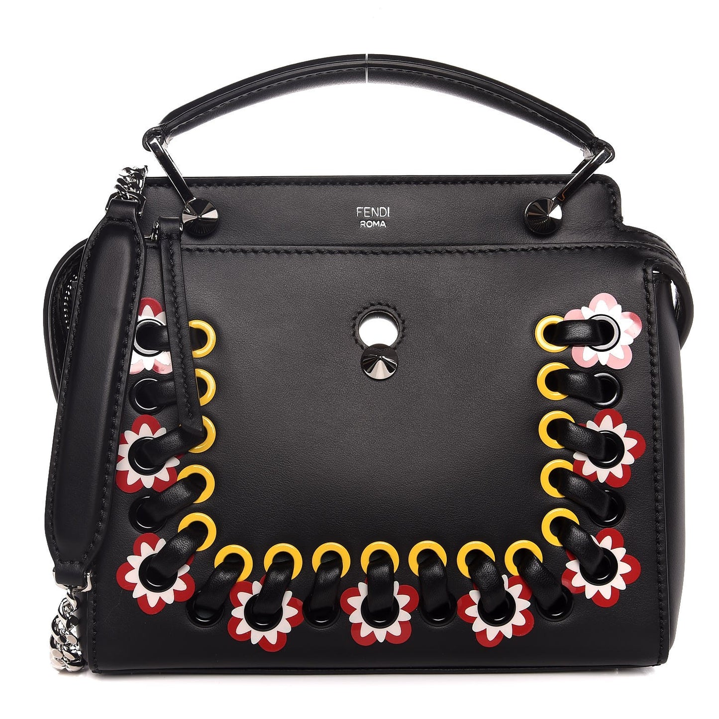 Vitello Baltico Shiny Nappa Lace Up Floral Small Dotcom Click Chain Satchel Black