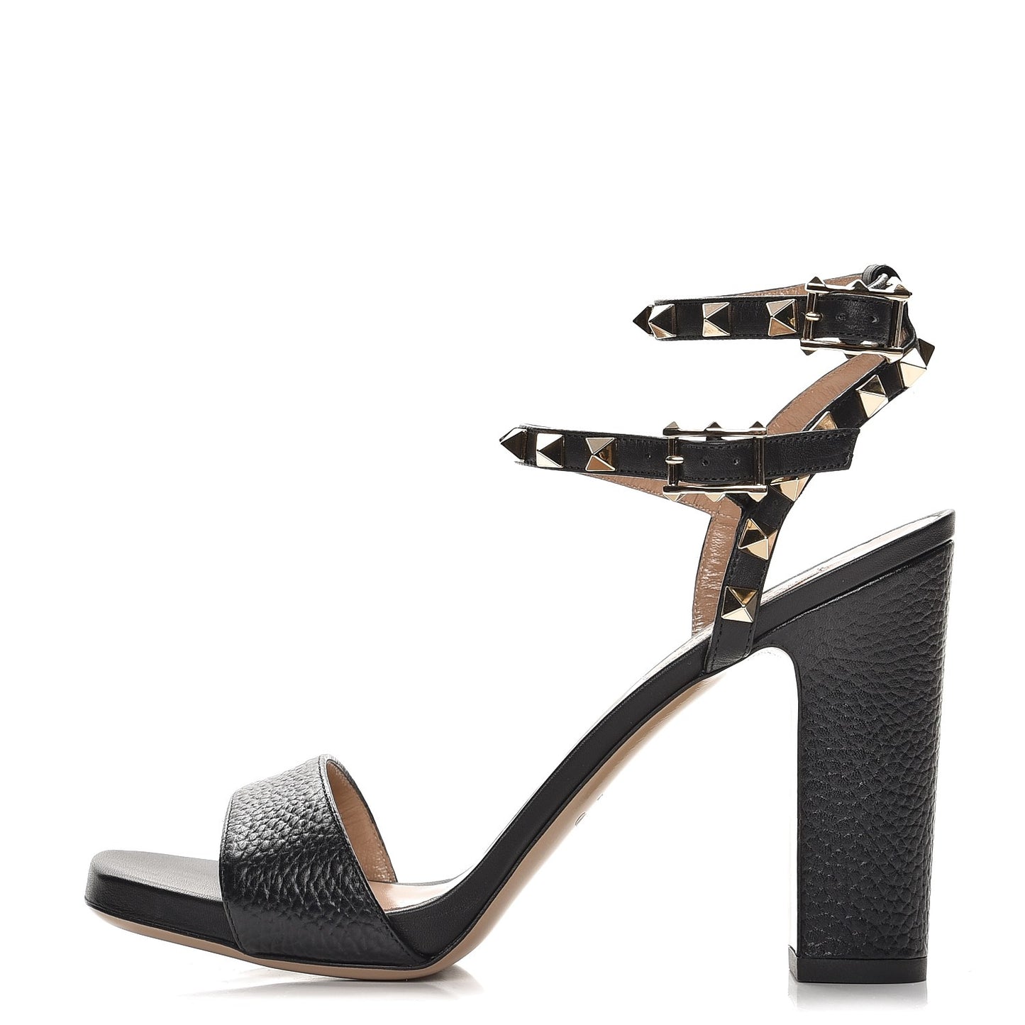Pebbled Calfskin Rockstud Ankle Strap 5/105mm Sandals 37.5 Black