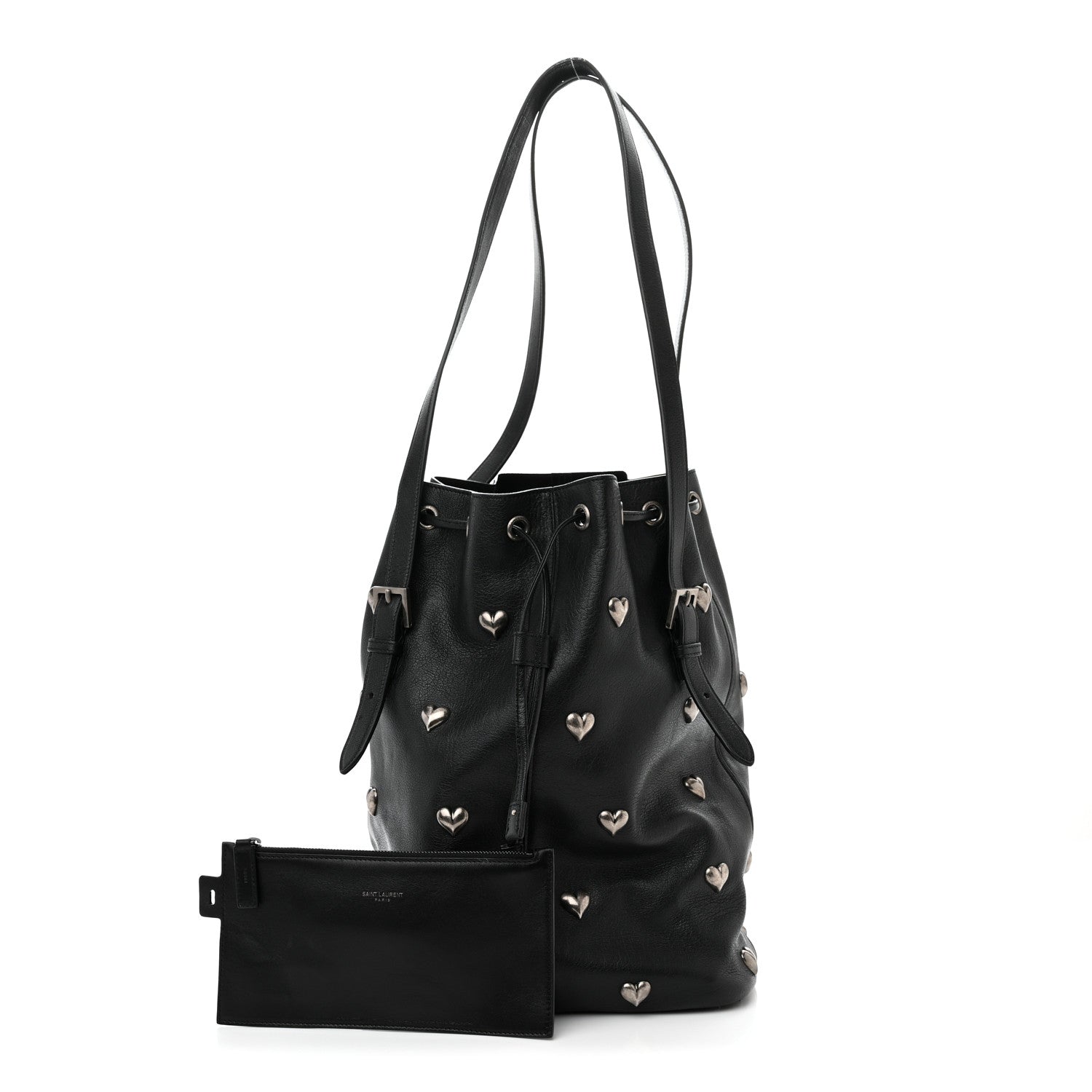 Saint Laurent Lambskin Medium Heart Studded Riva Bucket Bag Black 1 of 11