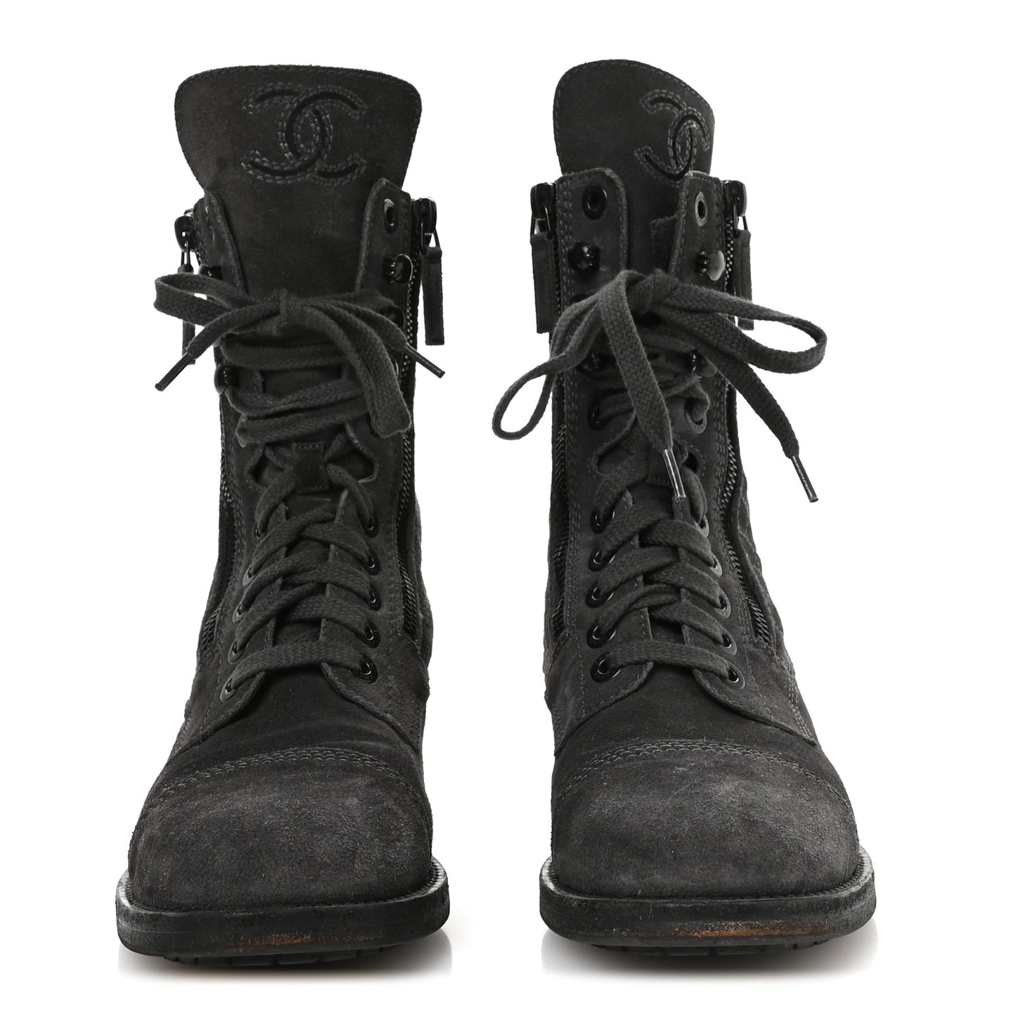 Suede Quilted CC Tall Lace Up Combat Boots 38 Grey