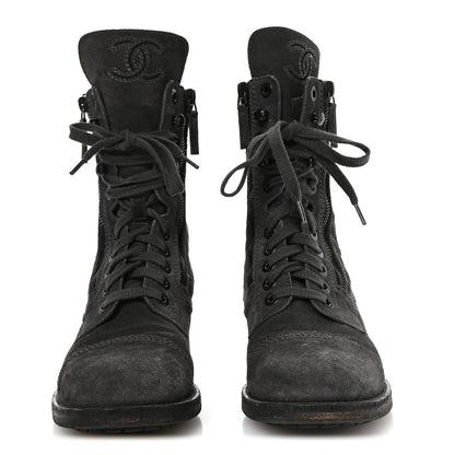 Chanel Suede Quilted CC Tall Lace Up Combat Boots 38 Grey 3 of 8