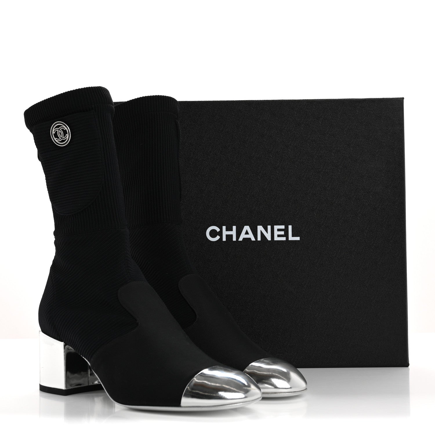 Chanel Grosgrain Knit Cap Toe CC Sock Boots 39 Black Silver 10 of 10