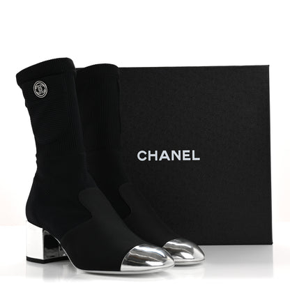Chanel Grosgrain Knit Cap Toe CC Sock Boots 39 Black Silver 10 of 10