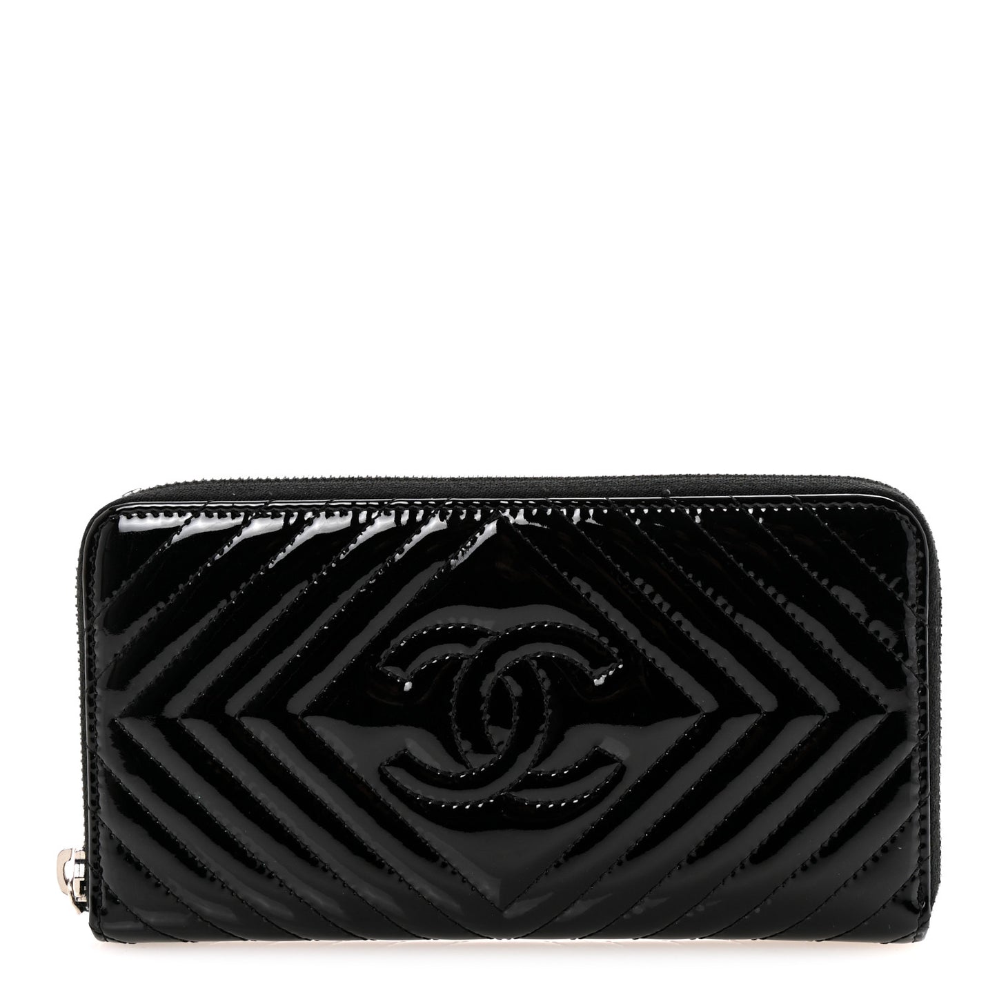 Patent Chevron Quilted CC Zip Around Wallet Black