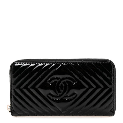 Chanel Patent Chevron Quilted CC Zip Around Wallet Black 2 of 18