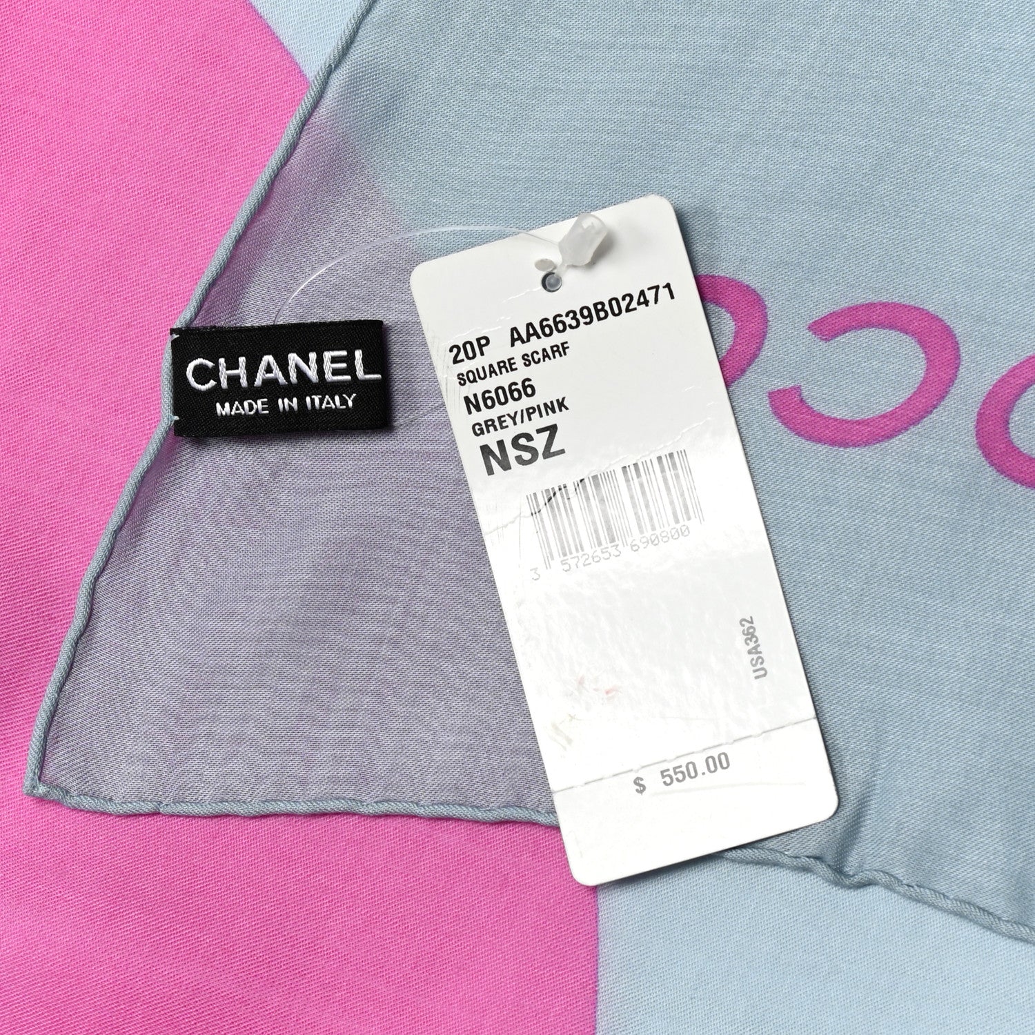 Chanel Silk CC Square Scarf Grey Pink 6 of 6