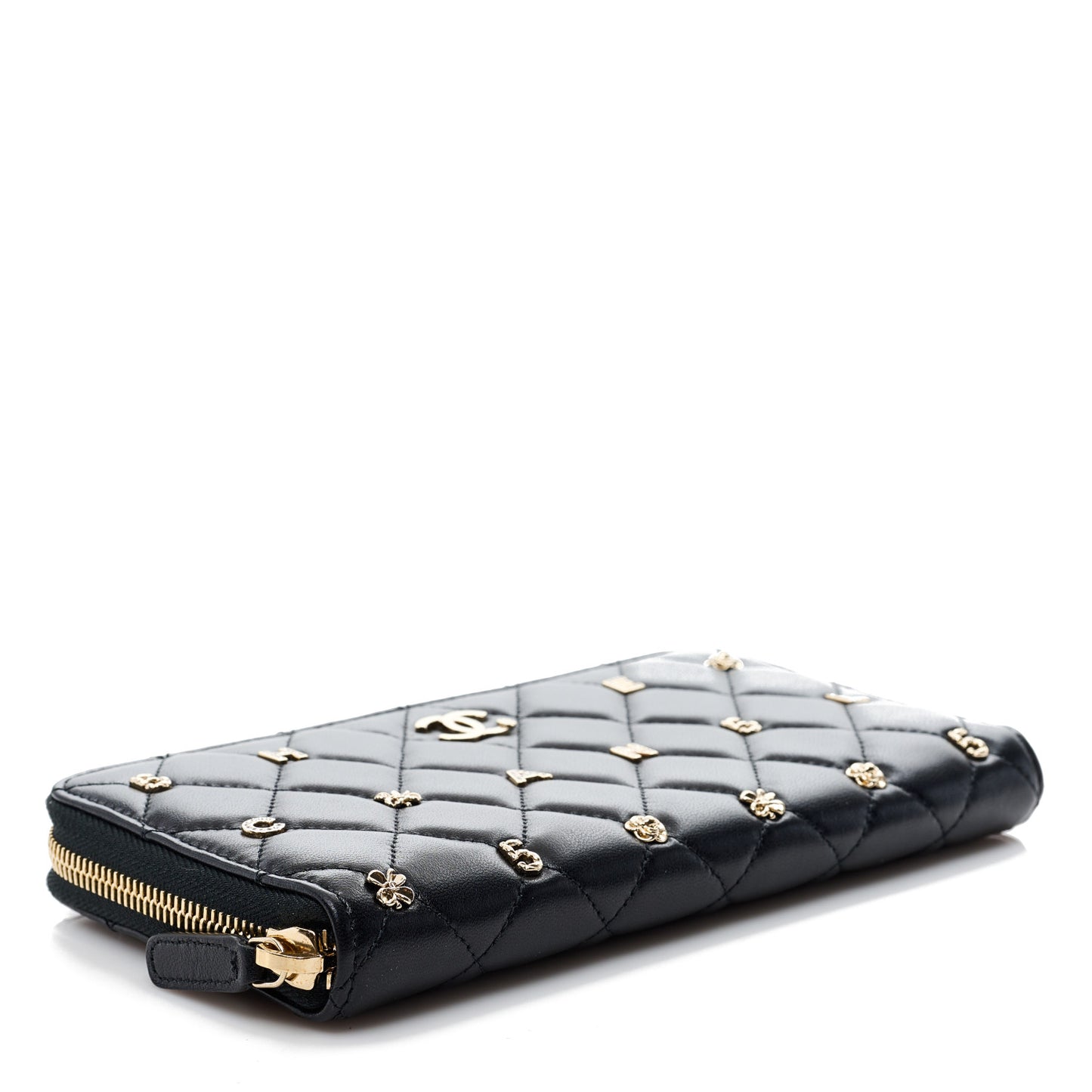 Lambskin Quilted All About Chanel Charm Zip Around Wallet Black