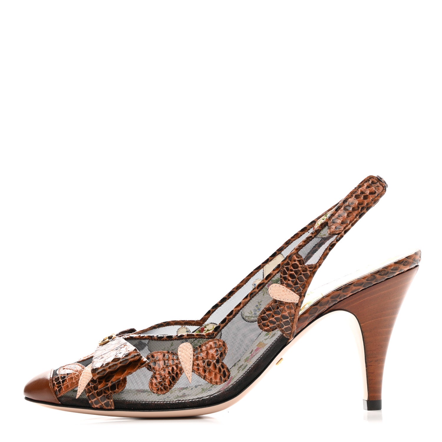 Gucci Malaga Kid Elaphe Lizard Butterflies Mid-Heel Slingback Pumps 37.5 Bright Cuir Black Soft Pink 1 of 8