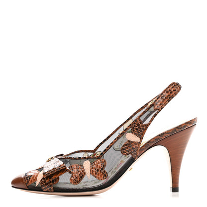Gucci Malaga Kid Elaphe Lizard Butterflies Mid-Heel Slingback Pumps 37.5 Bright Cuir Black Soft Pink 1 of 8