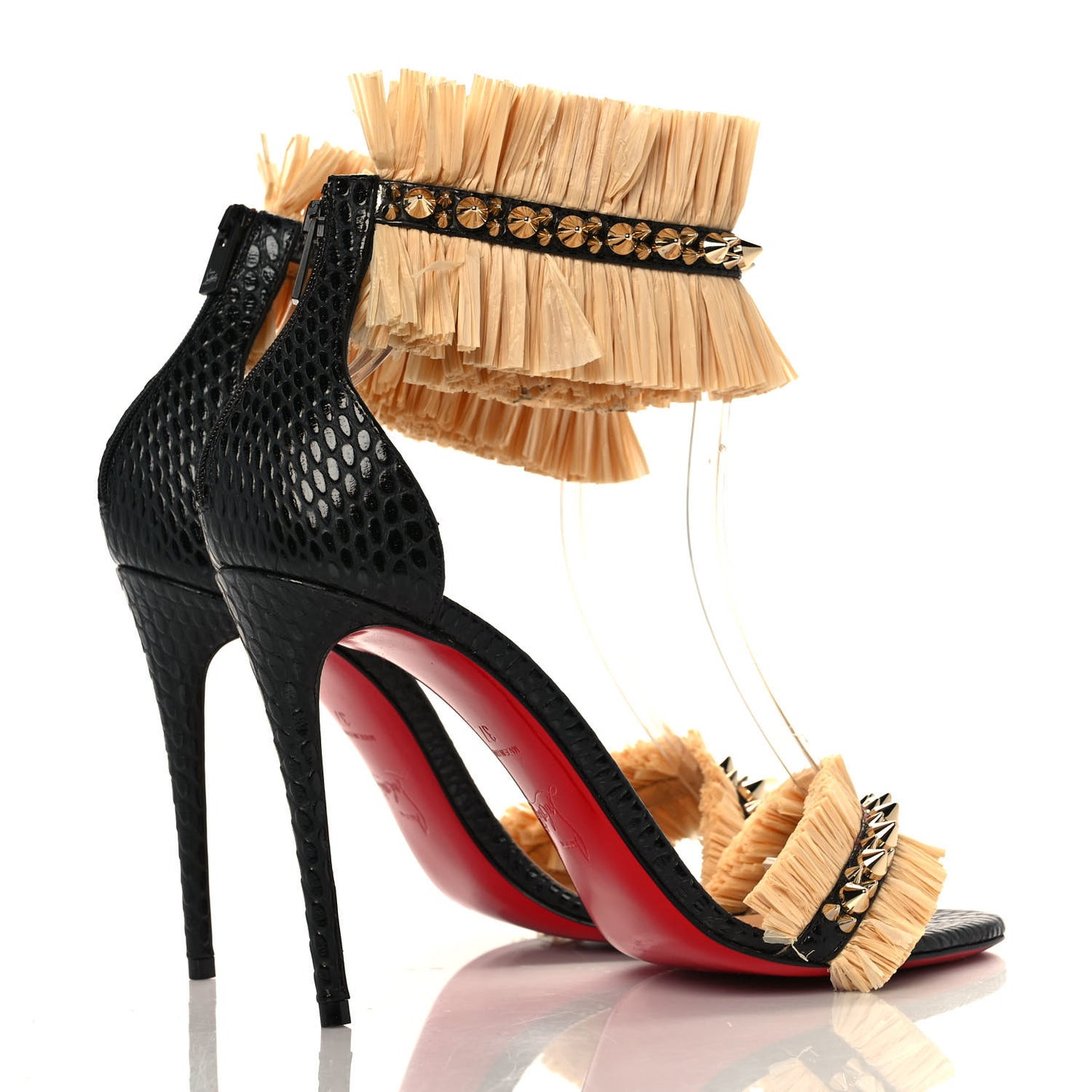 Raffia Calfskin Snake Print Poupedou 100 Sandals 37 Black Savane