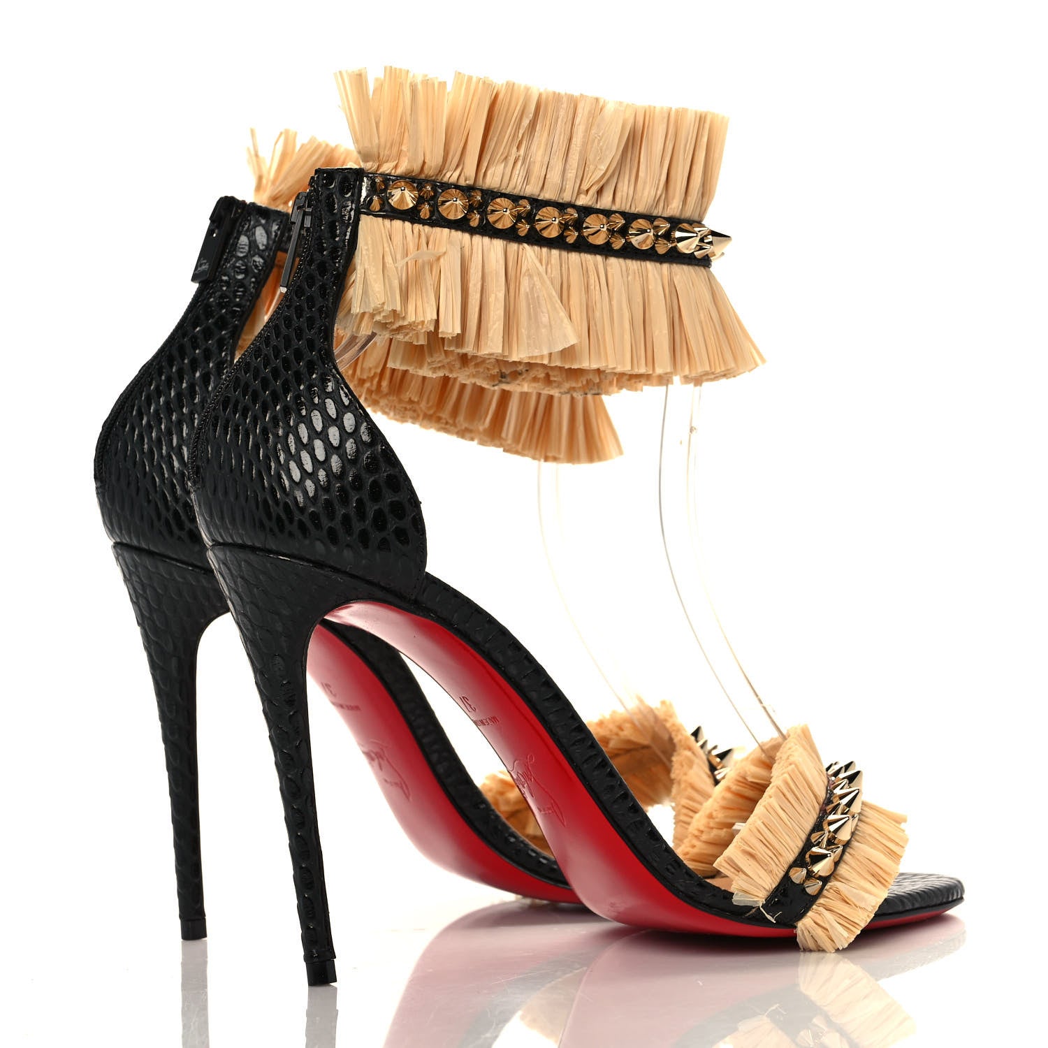 Christian Louboutin Raffia Calfskin Snake Print Poupedou 100 Sandals 37 Black Savane 4 of 7