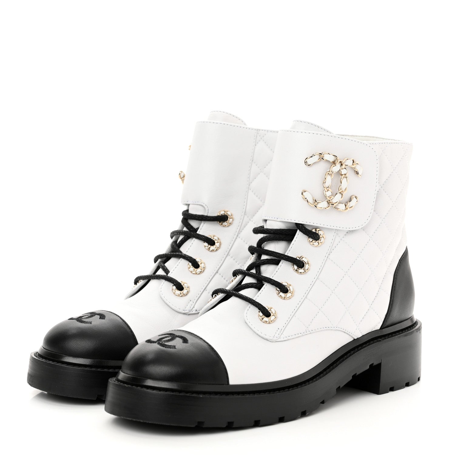 Chanel Shiny Lambskin Quilted Lace Up Combat Boots 39.5 White Black 3 of 8