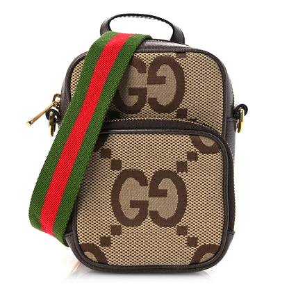 Gucci Monogram Jumbo GG Textured Dollar Calfskin Web Shoulder Bag Camel Ebony New Acero 1 of 11