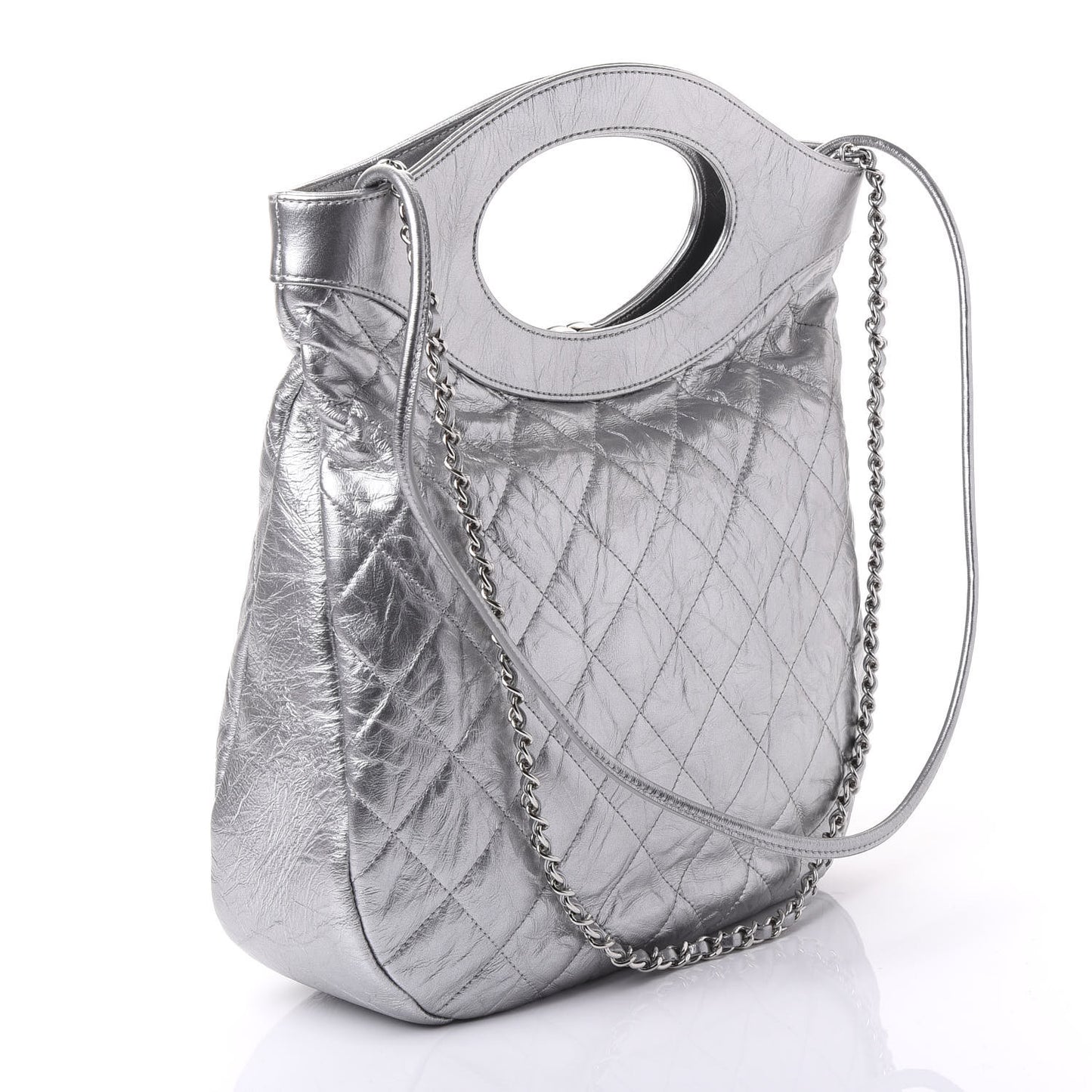 Metallic Crumpled Calfskin Small 31 Shopping Bag Silver