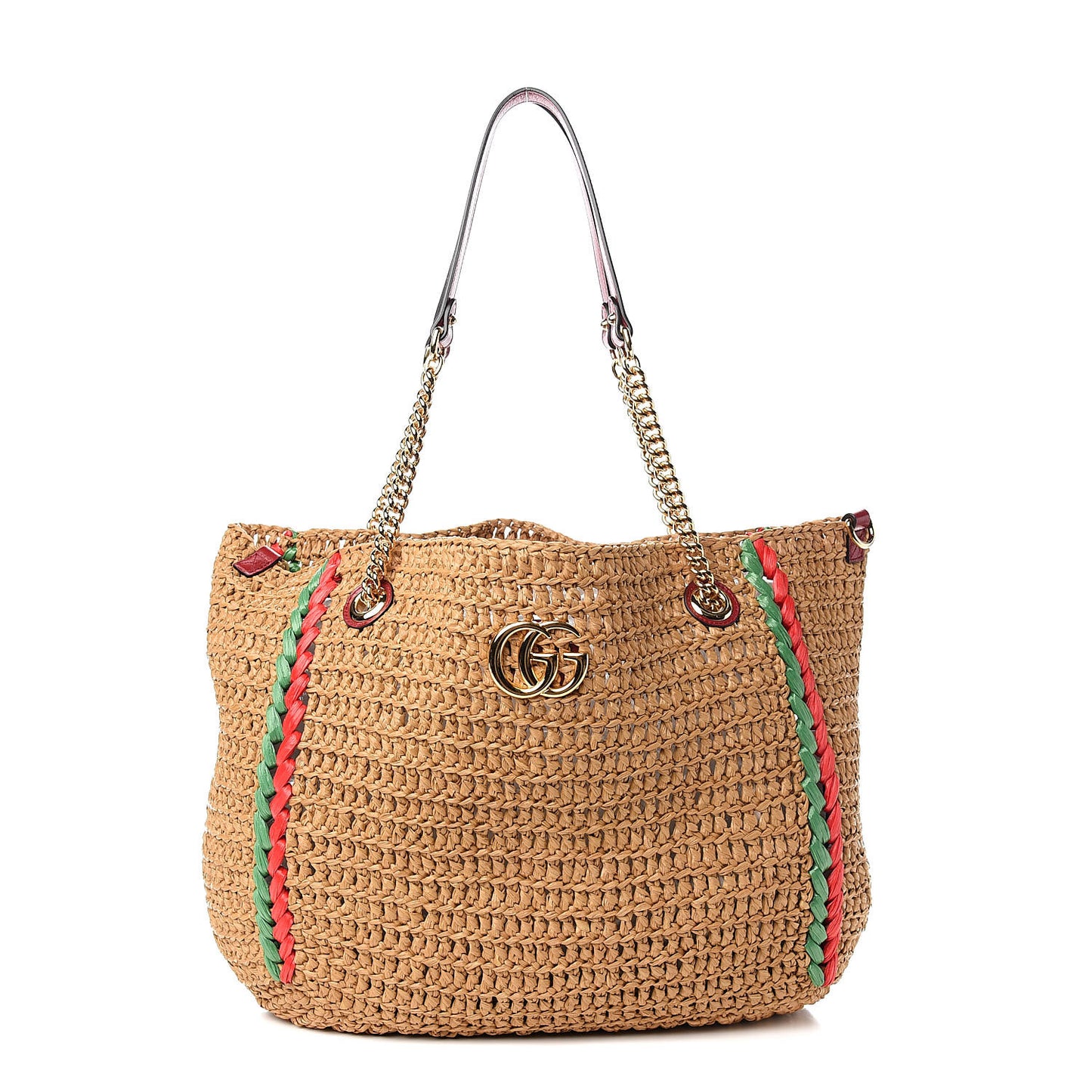 Raffia Effect Large GG Marmont Shoulder Tote Bag Natural Red Green
