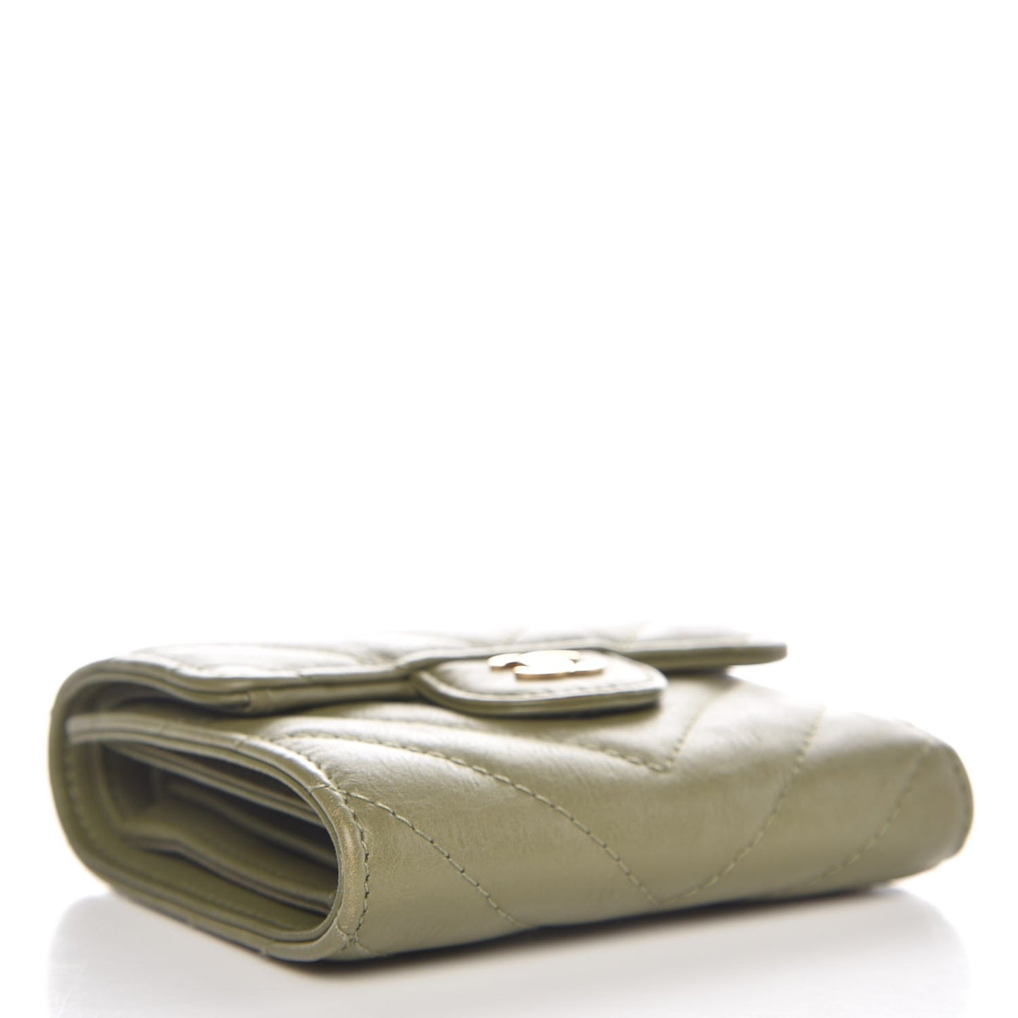 Calfskin Chevron Quilted Compact Flap Wallet Khaki