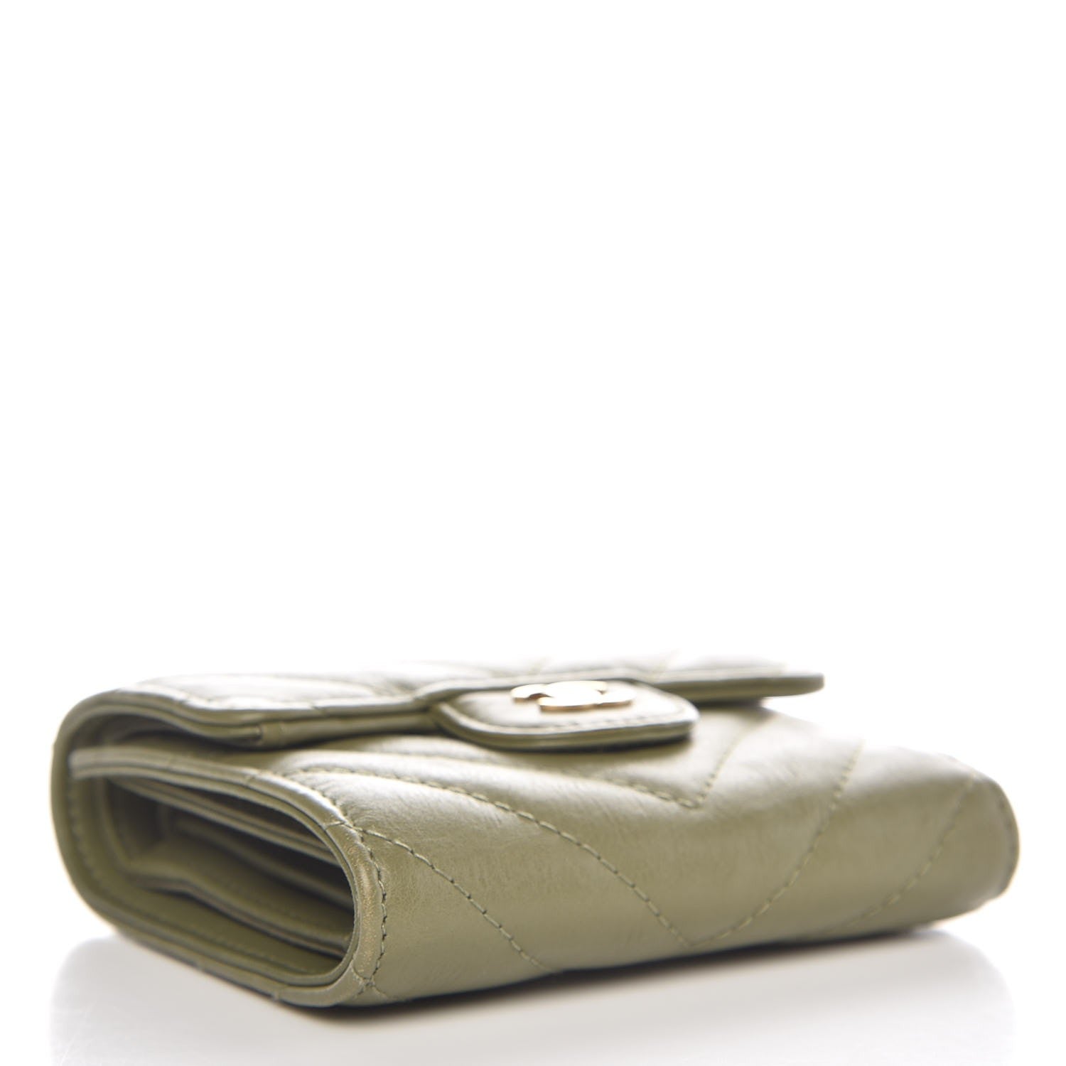 Chanel Calfskin Chevron Quilted Compact Flap Wallet Khaki 4 of 8