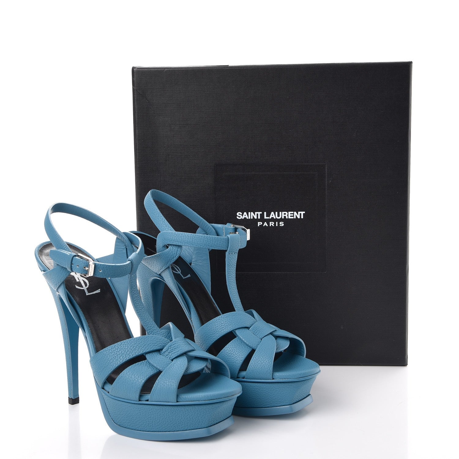 Saint Laurent Grained Calfskin Tribute 105 Platform Sandals 37 Blue 10 of 10