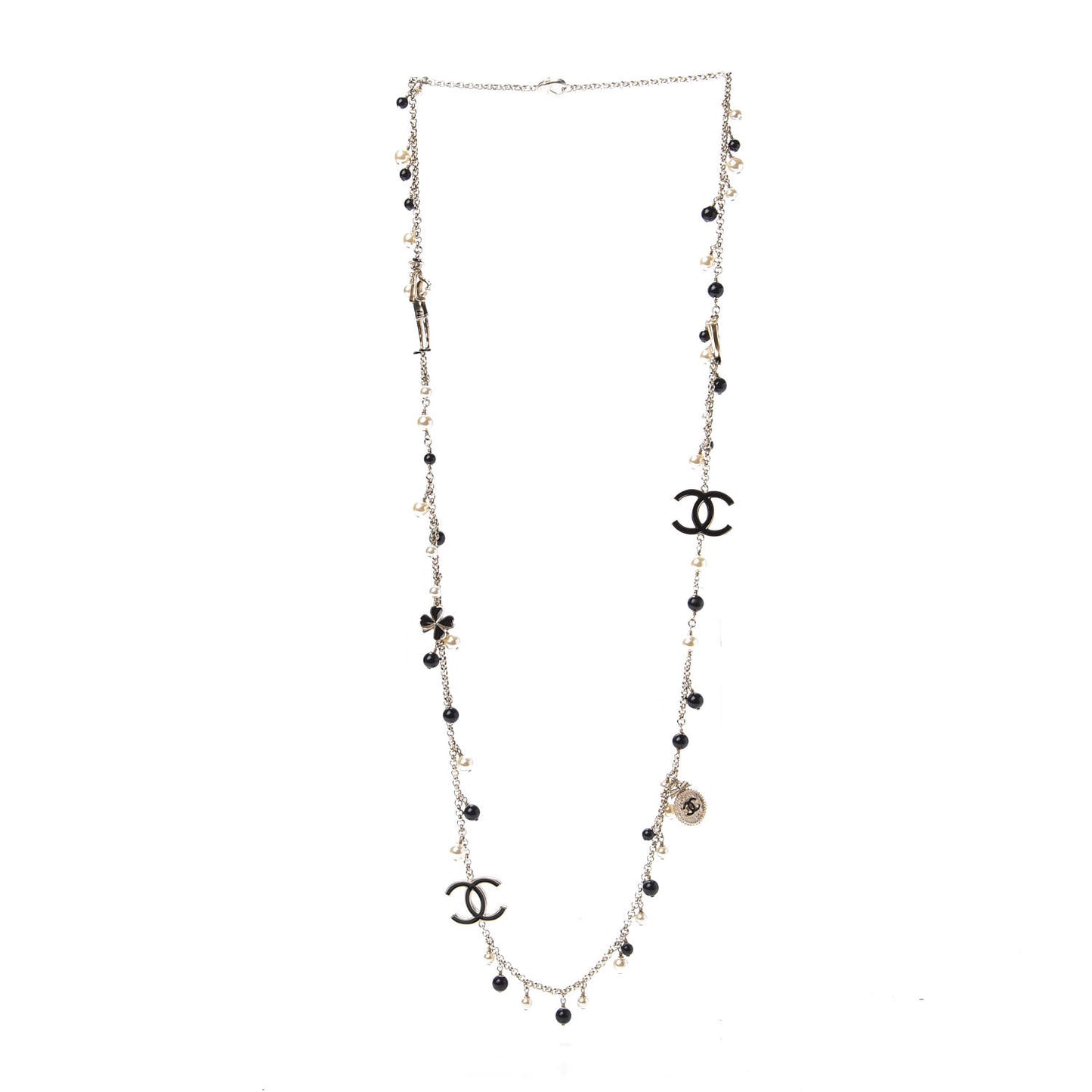 Pearl Beaded Enamel CC Coco Long Necklace Black Gold