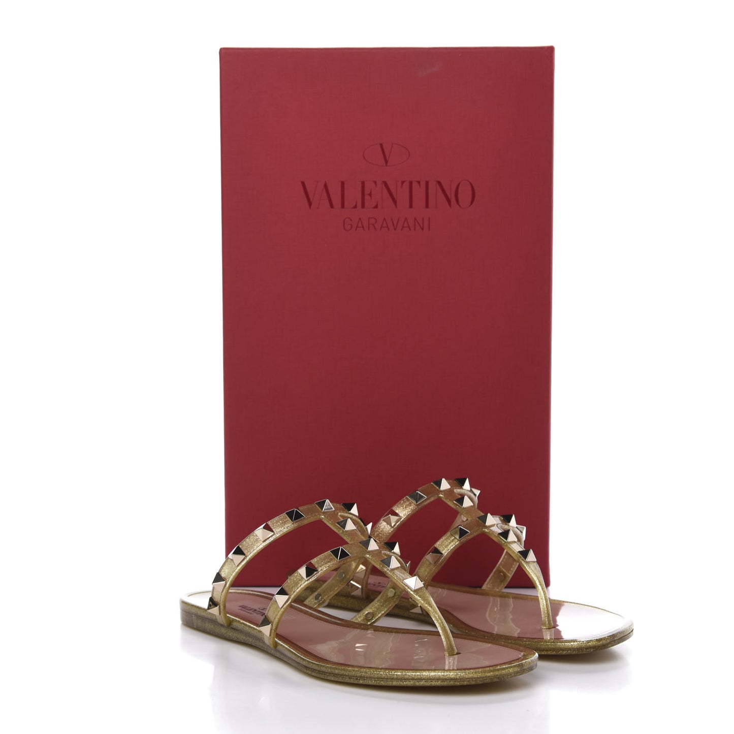 PVC Jelly Glitter Rockstud Caged Flat Thong Sandals 35 Oro