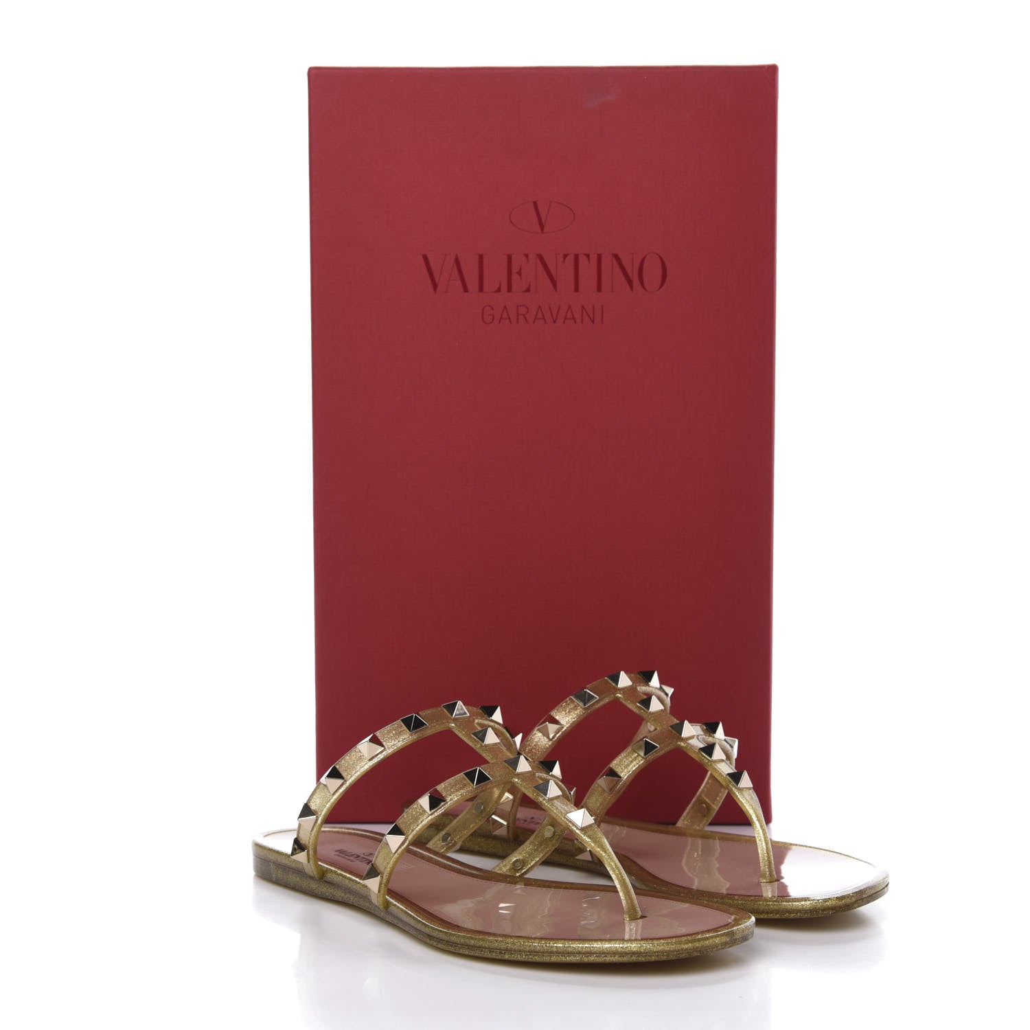 Valentino Garavani PVC Jelly Glitter Rockstud Caged Flat Thong Sandals 35 Oro 8 of 8