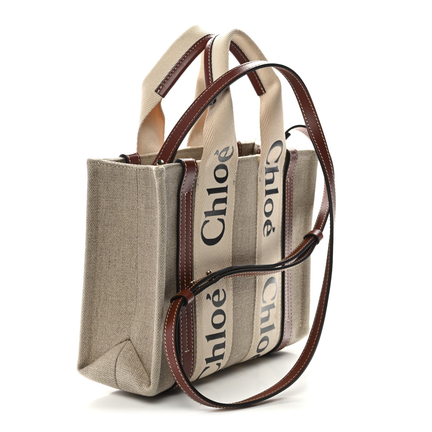 Chloe Cotton Calfskin Small Woody Ribbon Tote With Strap White Brown 3 of 10
