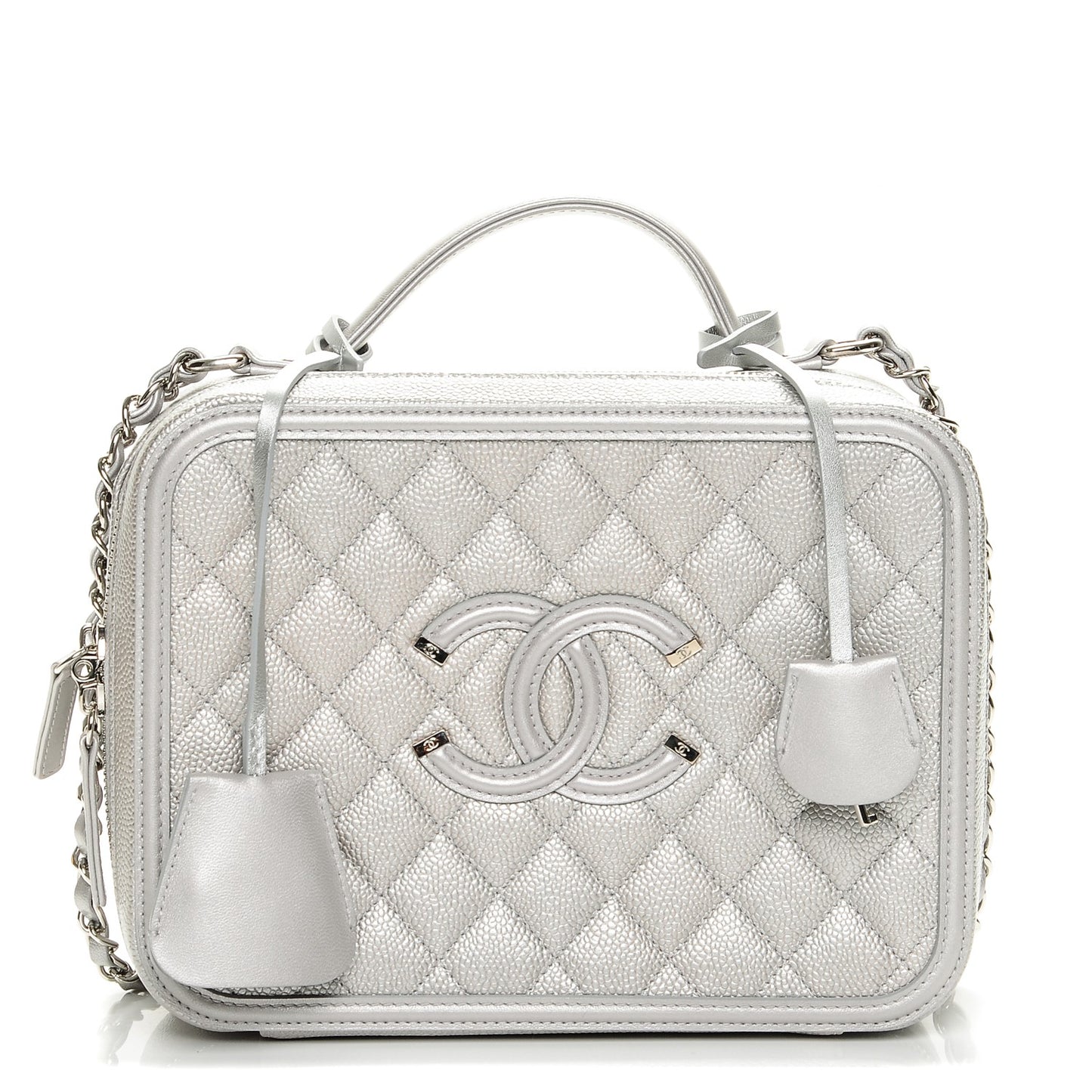 Metallic Caviar Quilted Large CC Filigree Vanity Case Silver