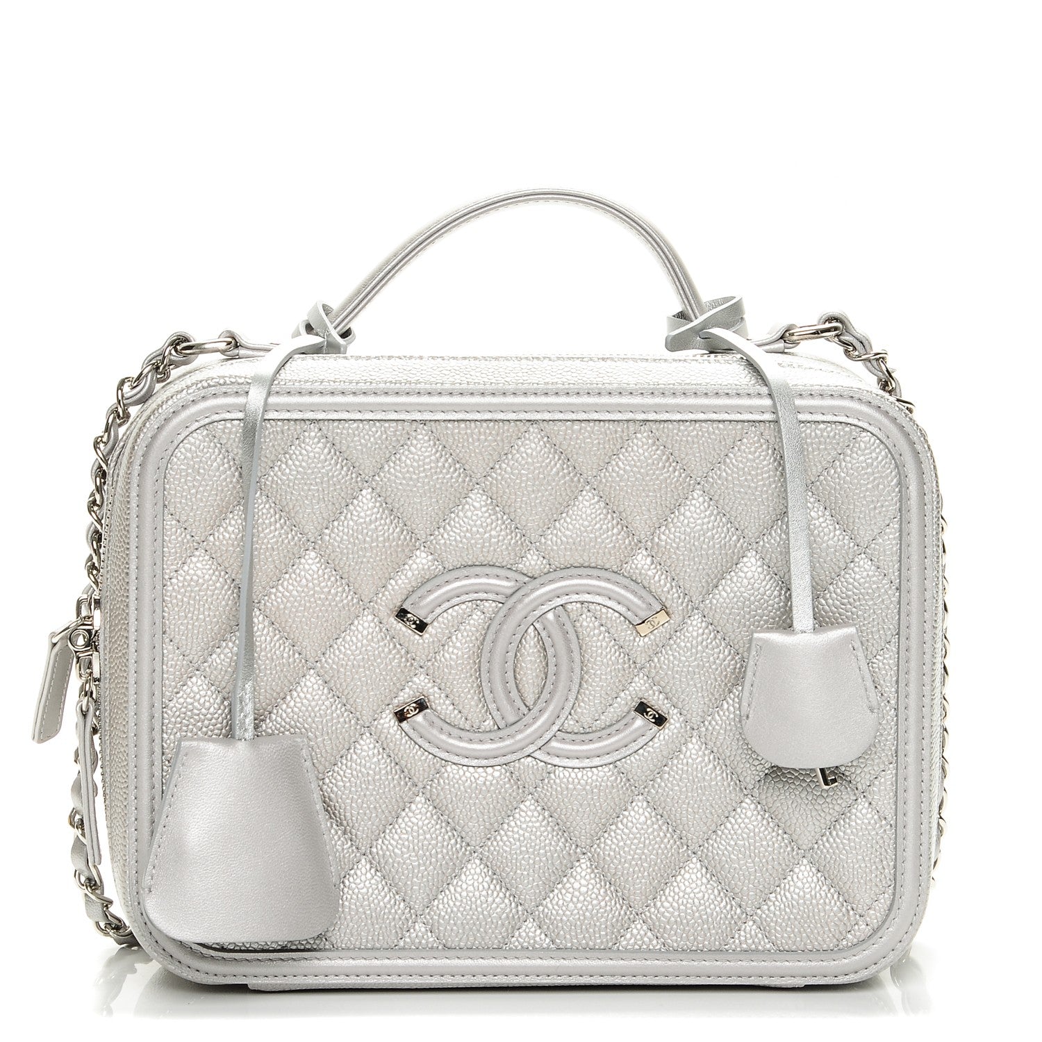 Chanel Metallic Caviar Quilted Large CC Filigree Vanity Case Silver 1 of 9