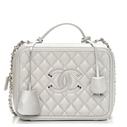 Chanel Metallic Caviar Quilted Large CC Filigree Vanity Case Silver 1 of 9