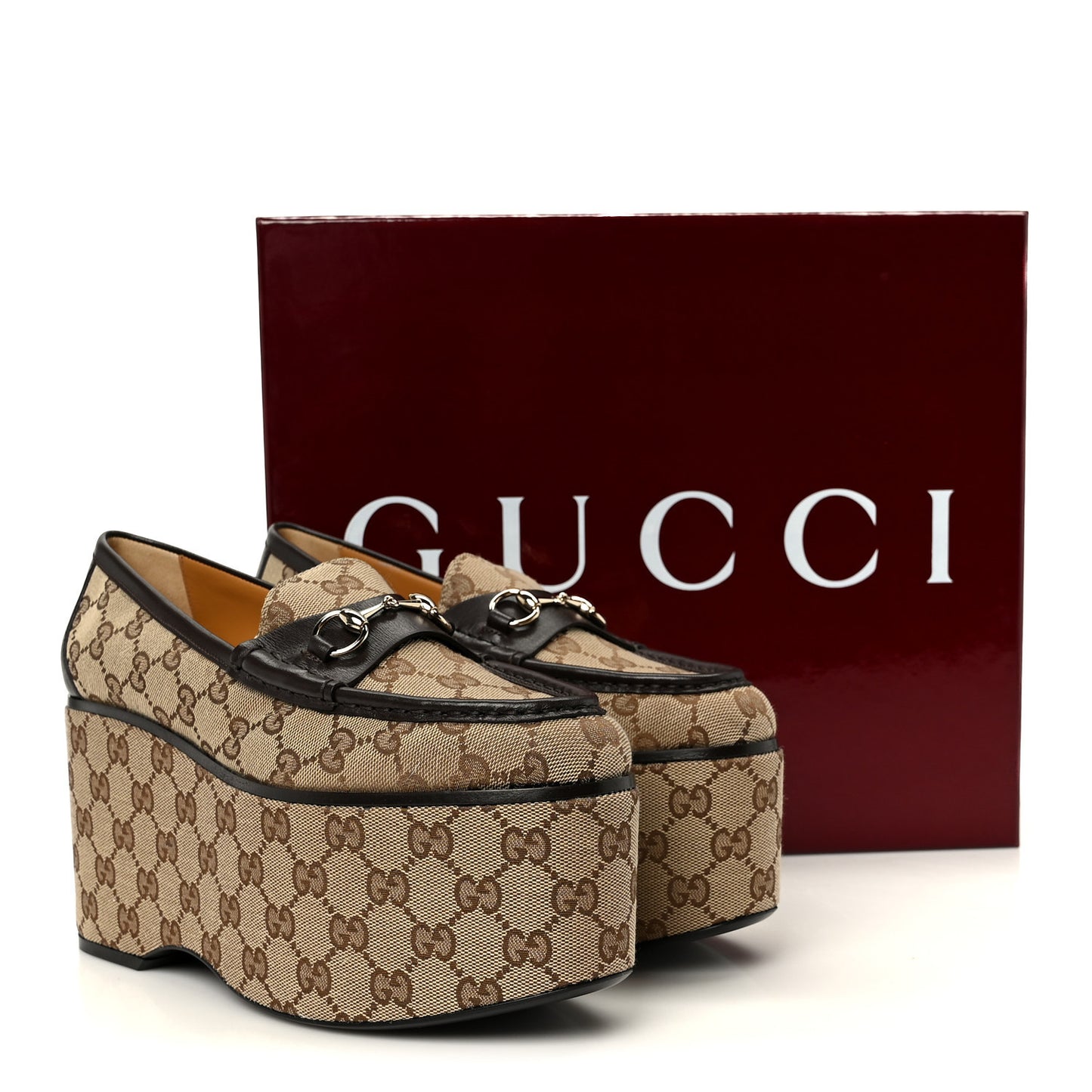 Canvas GG Monogram Horsebit Calfskin Womens Horsebit Platform Loafers 39.5 Beige Ebony Cocoa