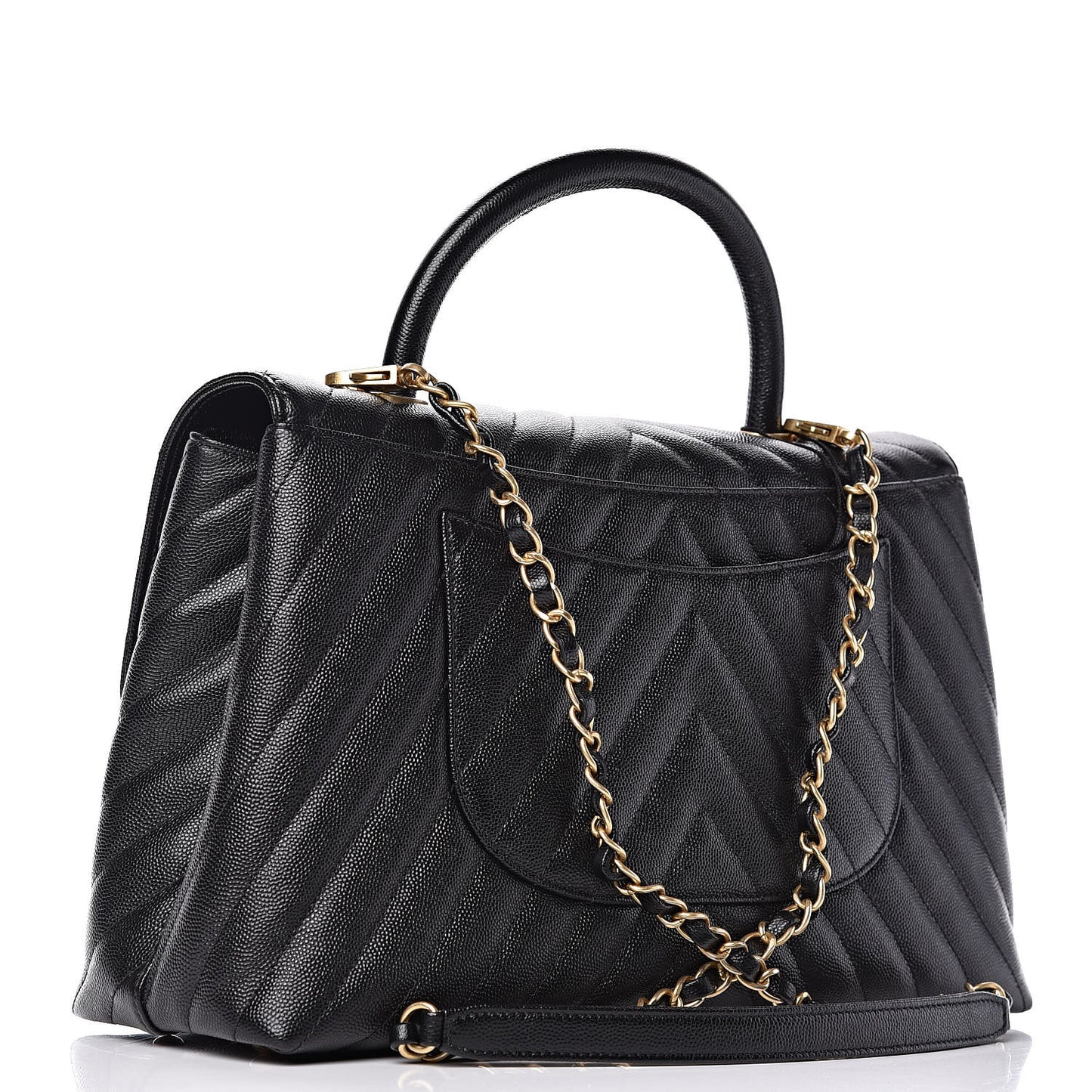 Caviar Chevron Quilted Medium Coco Handle Flap Black
