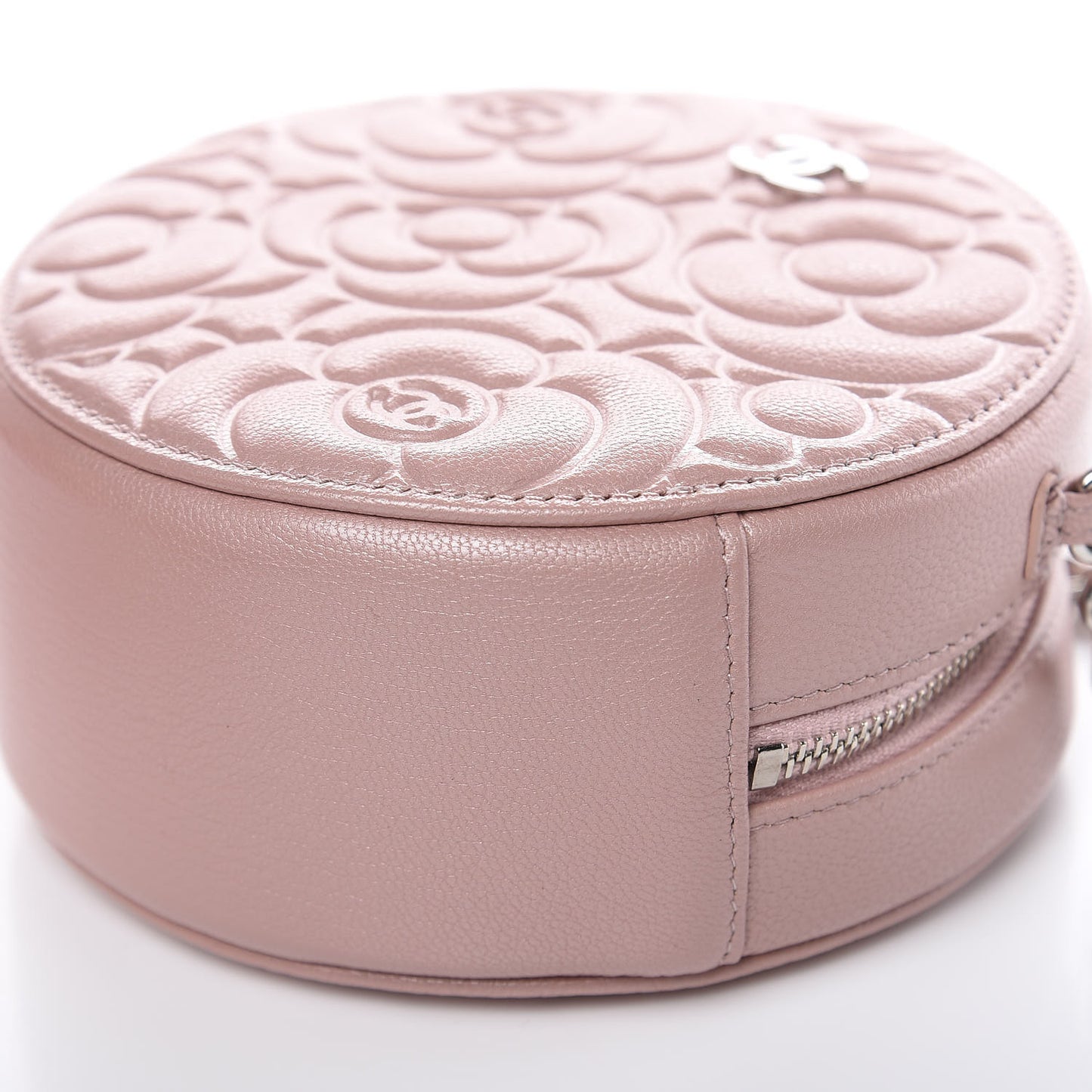 Goatskin Camellia Quilted Round Clutch With Chain Light Pink