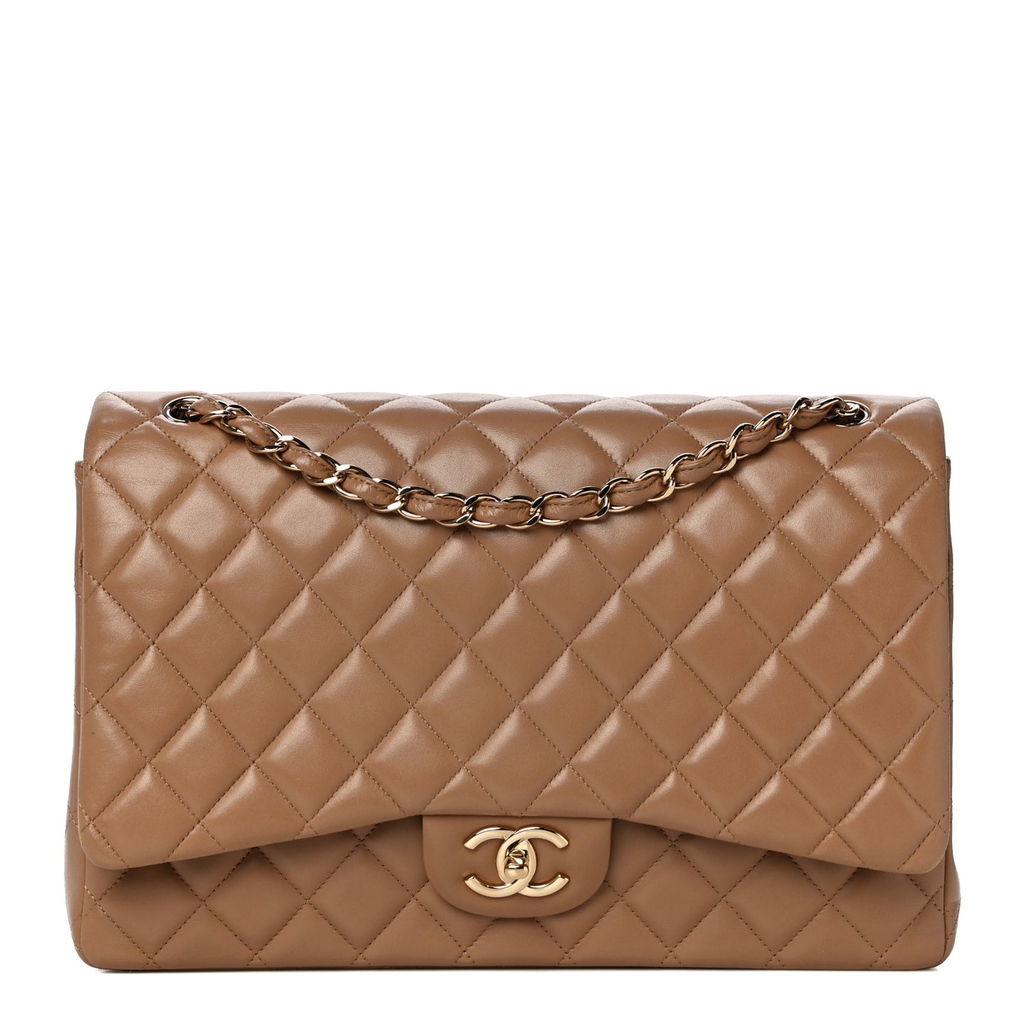Lambskin Quilted Maxi Double Flap Beige