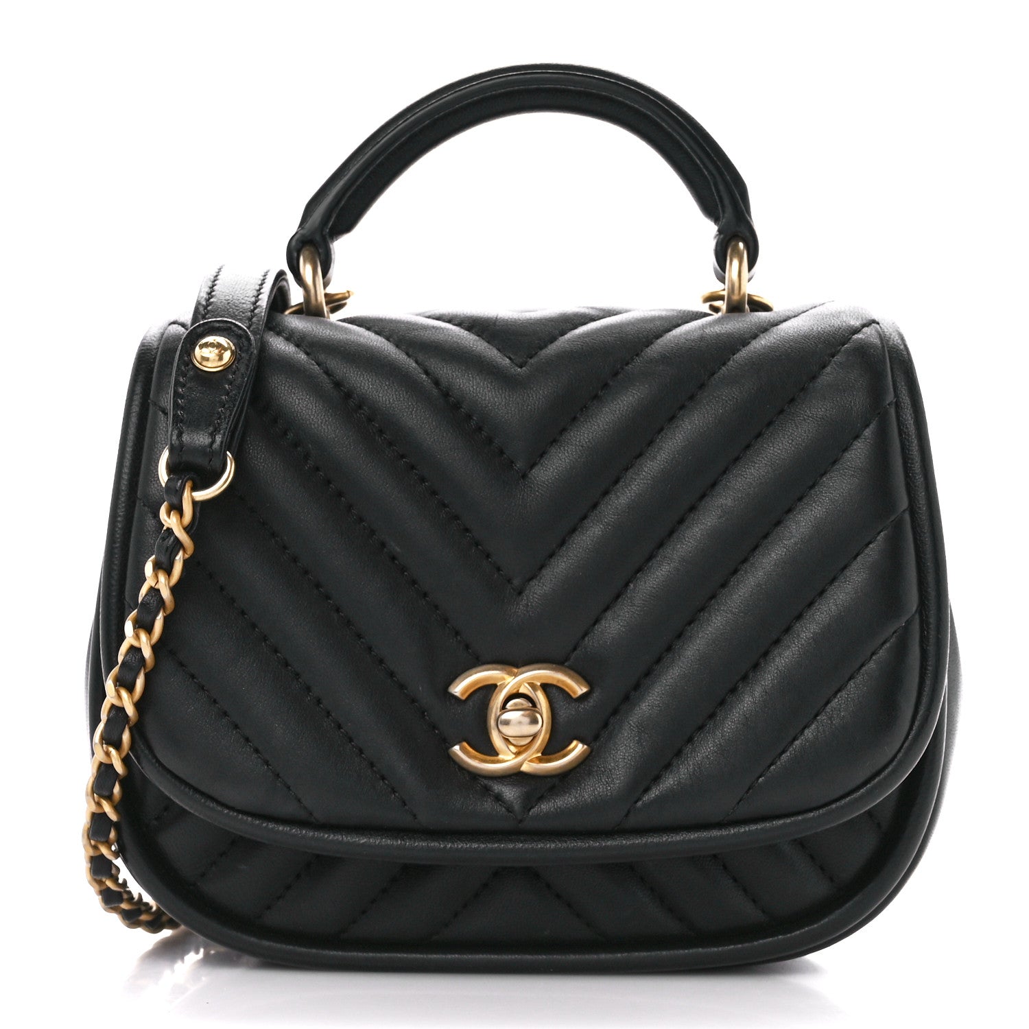 Chanel Lambskin Reverse Chevron Quilted Mini Round Top Handle Flap Black 1 of 11