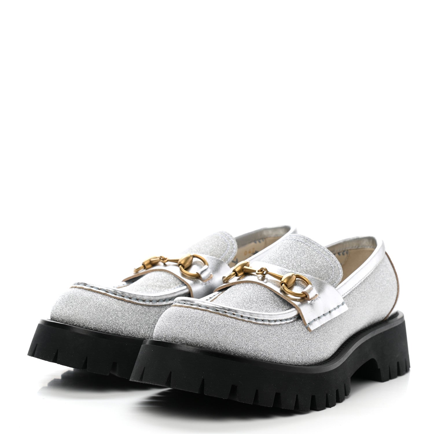 Gucci Mini Diamond Storm Silk Calfskin Womens Harald Horsebit 25mm Platform Loafers 38 Silver 3 of 9