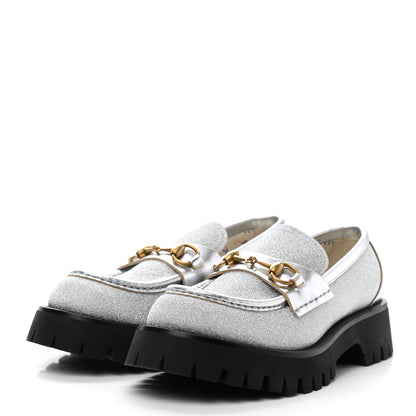 Gucci Mini Diamond Storm Silk Calfskin Womens Harald Horsebit 25mm Platform Loafers 38 Silver 3 of 9
