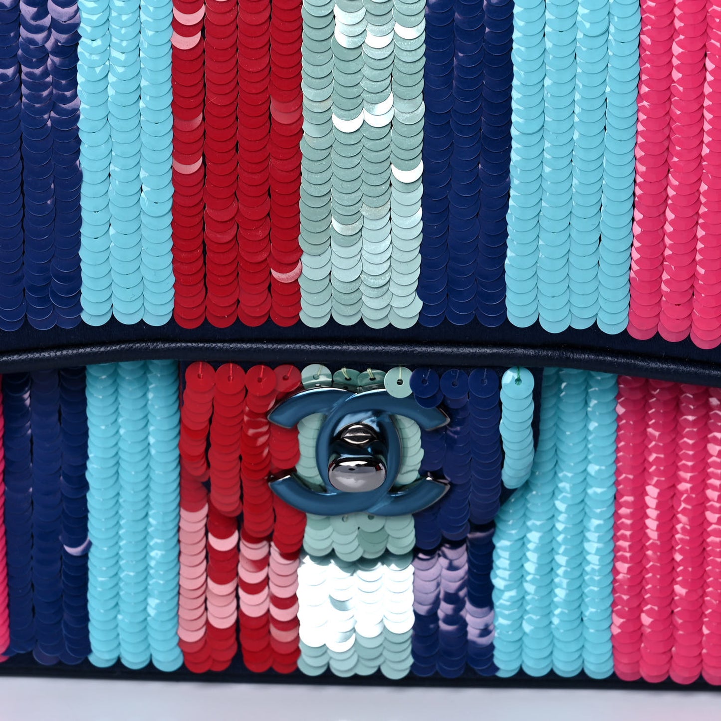 Sequin Lambskin Striped Medium Double Flap Blue Green Pink Red