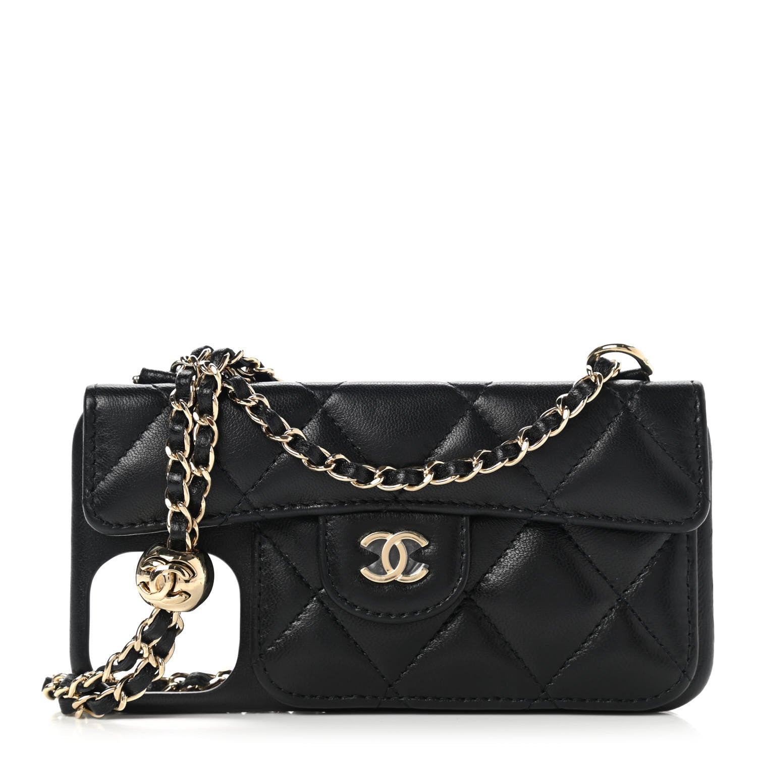 Chanel Lambskin Quilted Pearl Crush iPhone XII Pro Holder With Chain Black 1 of 9