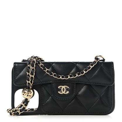 Chanel Lambskin Quilted Pearl Crush iPhone XII Pro Holder With Chain Black 1 of 9