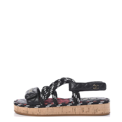 Chanel Cord Lambskin Quilted Logo Sandals 37 Black White 1 of 9