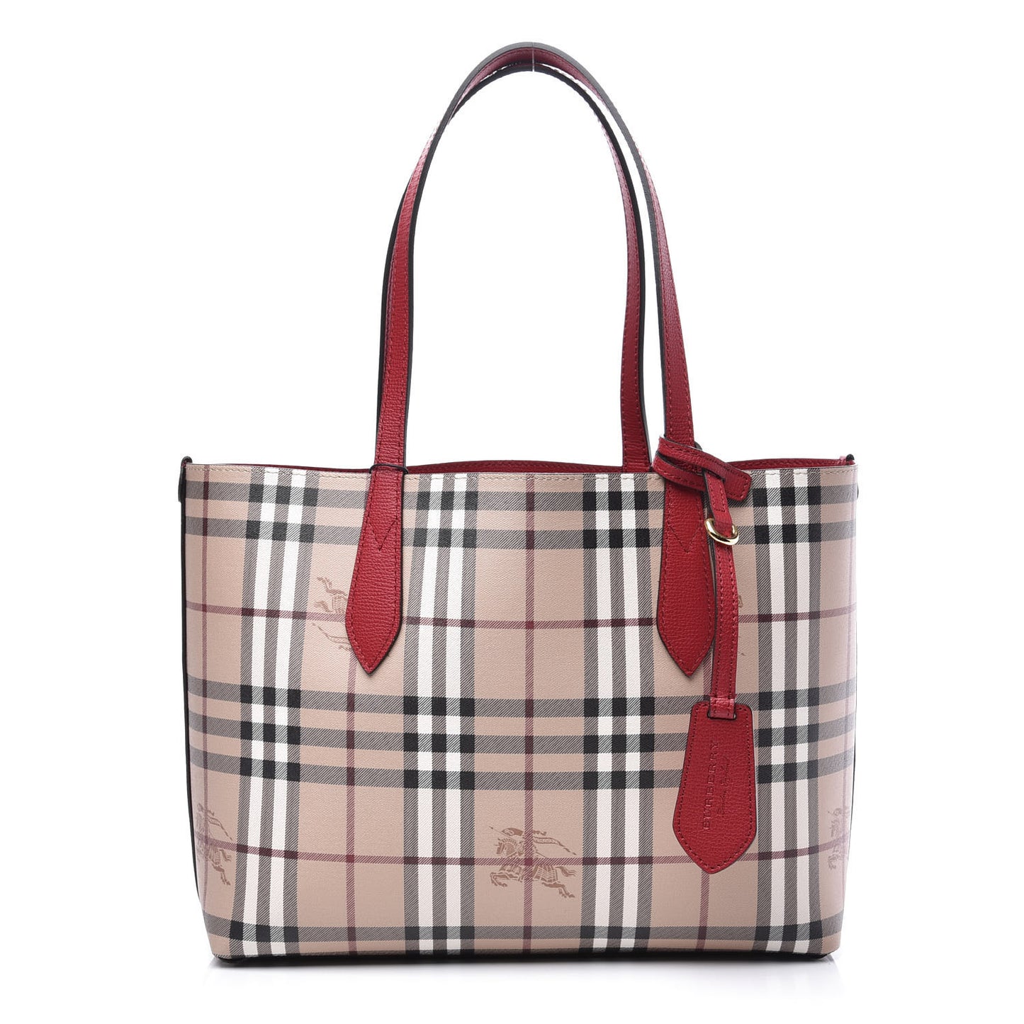 Grainy Calfskin Haymarket Check Small Reversible Tote Red