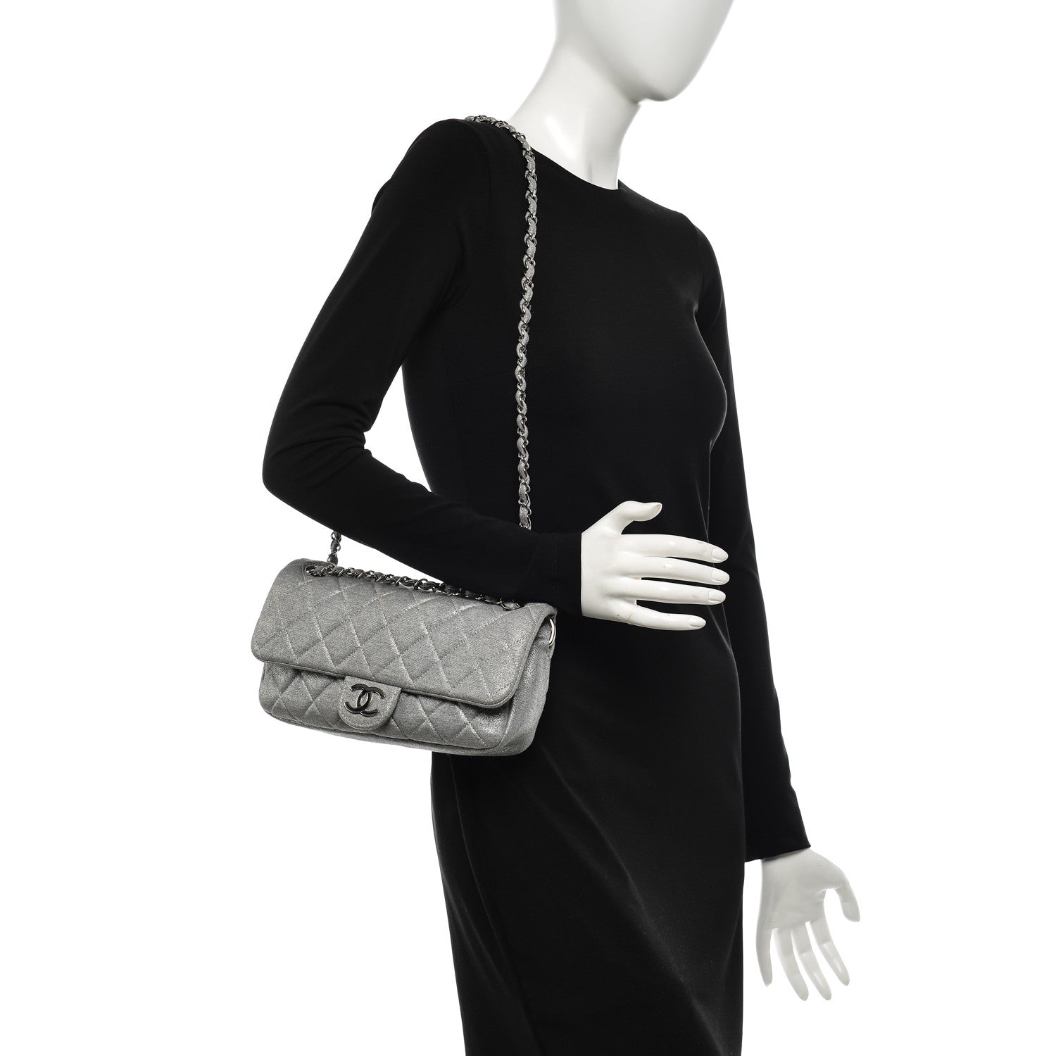 Chanel Metallic Jersey Quilted Medium Single Flap Grey 2 of 8