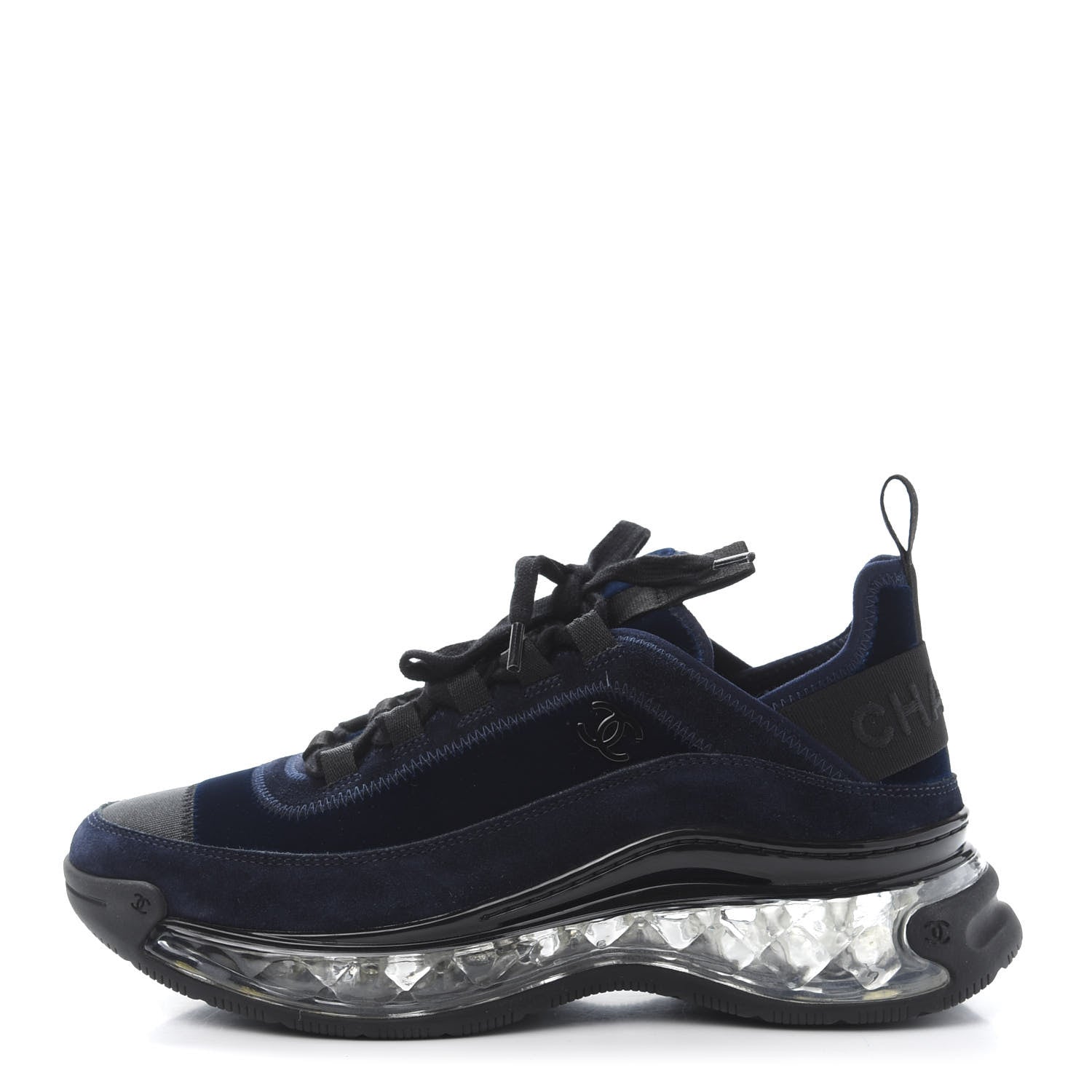 Chanel Suede Calfskin Velvet Grosgrain CC Sneakers 38 Navy Blue Black 1 of 10