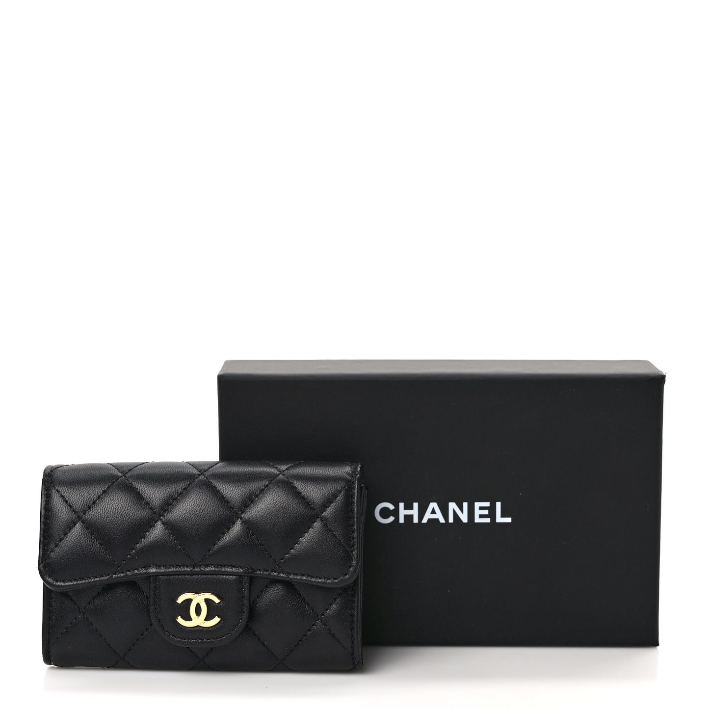 Lambskin Quilted Flap Card Holder Wallet Black