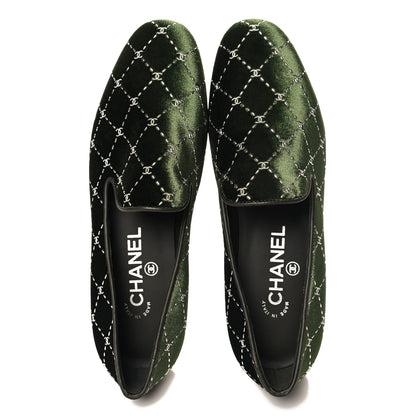 Chanel Velvet Moccasin Loafers 37.5 Dark Green 2 of 10