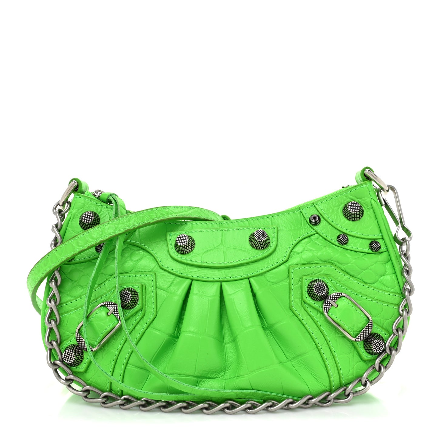 Extra Supple Calfskin Crocodile Embossed Le Cagole Mini Purse With Chain Acid Green
