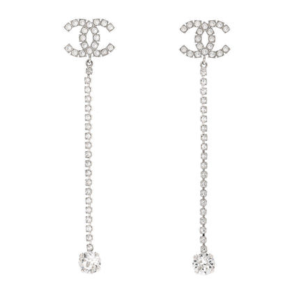 Chanel Metal Baguette Round Crystal CC Drop Long Earrings Silver 1 of 4