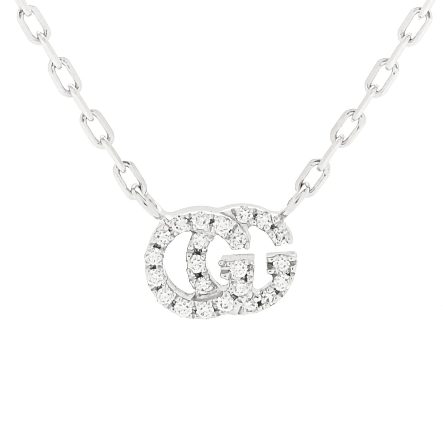 18K White Gold Diamond Running GG Pendant Necklace