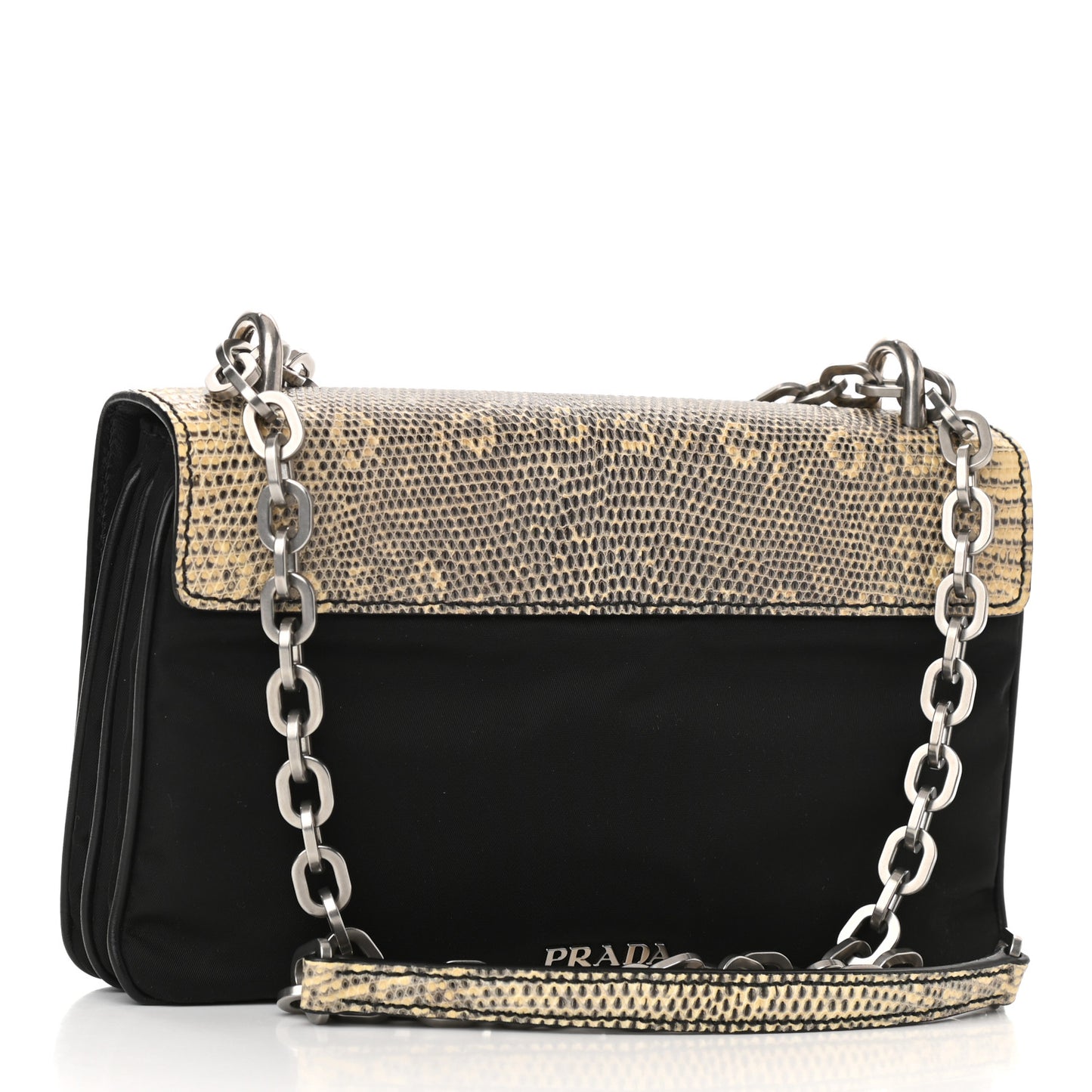 Lizard Tessuto Nylon Chain Shoulder Bag Black