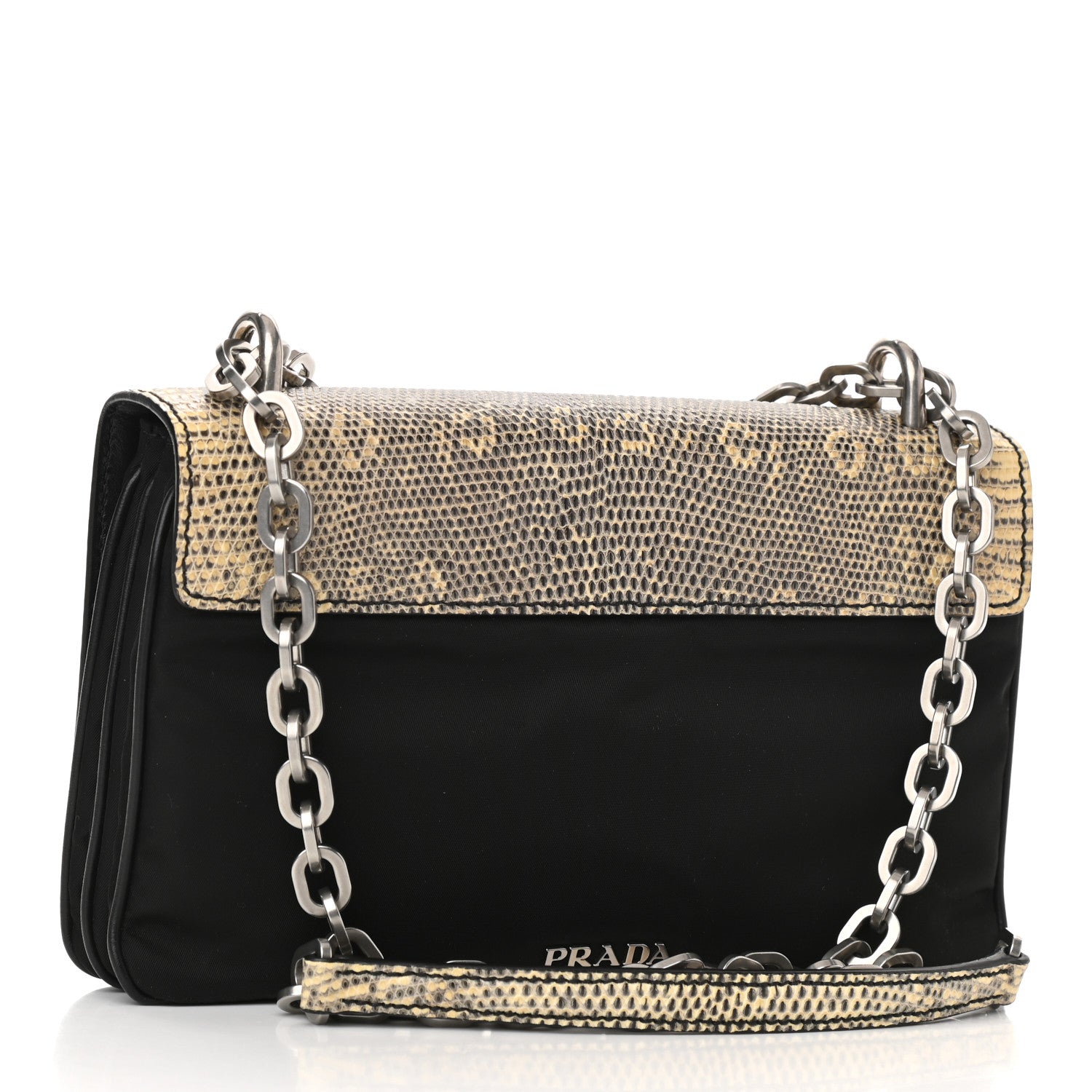 Prada Lizard Tessuto Nylon Chain Shoulder Bag Black 2 of 8